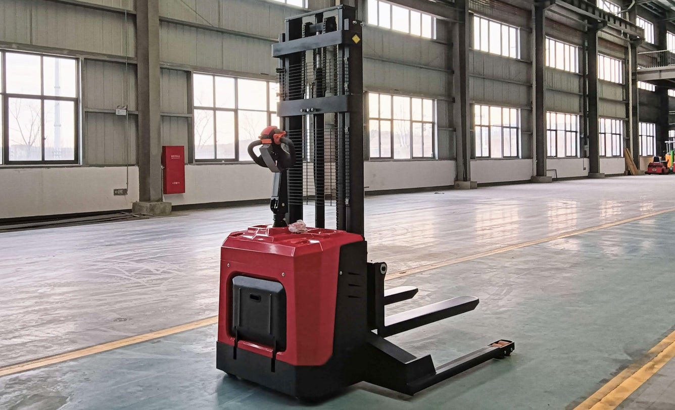 High-capacity electric stacker with durable forks for heavy loads.