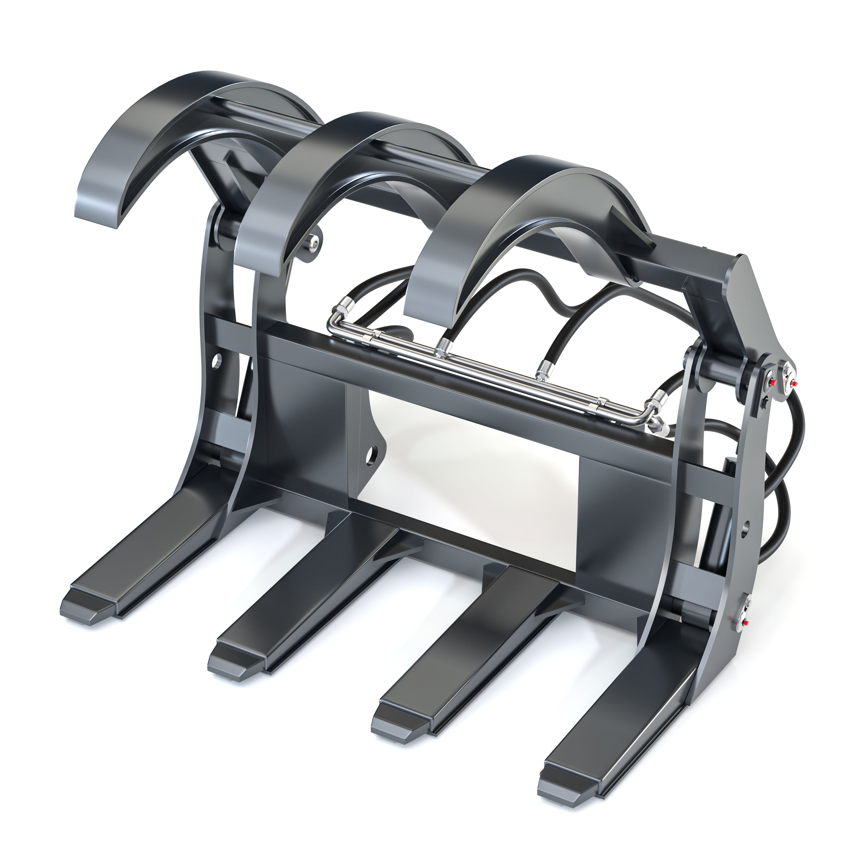 Gray metal grapple attachment on a white background