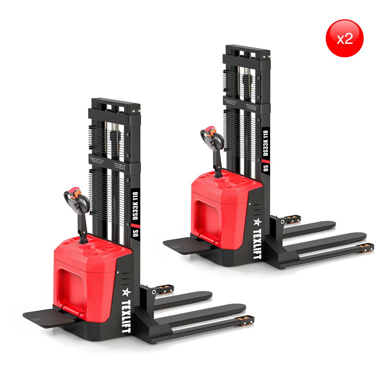 Industrial Twin Electric Rider Stackers – 10ft (118 inch) Vertical Lift, 3,300 lb Load Capacity - TEXLIFT