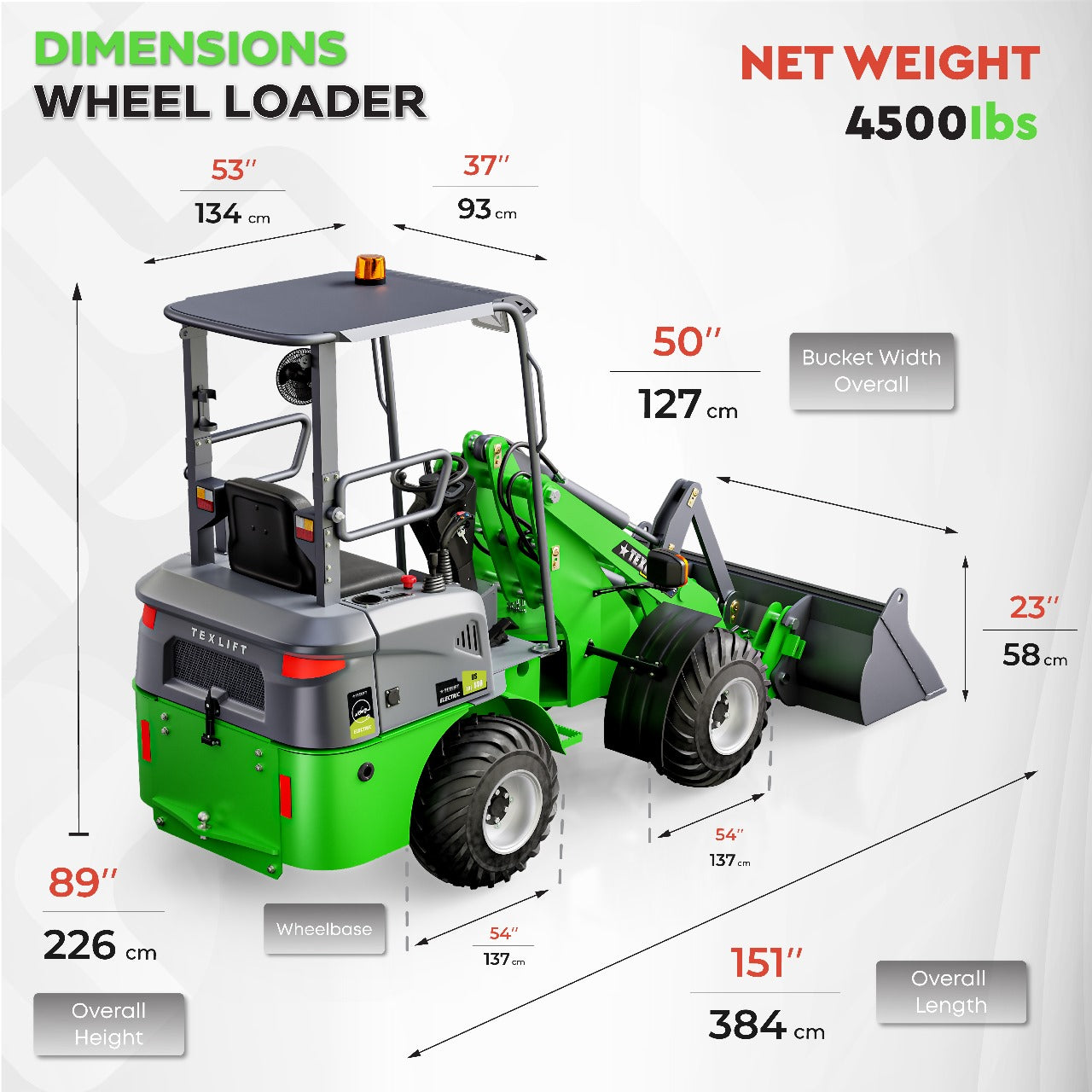 Lithium-Ion Battery Electric Wheel Loader | US-TXL140PRO | 1400 LBS Capacity | 11ft (132 inch) Lift - TEXLIFT