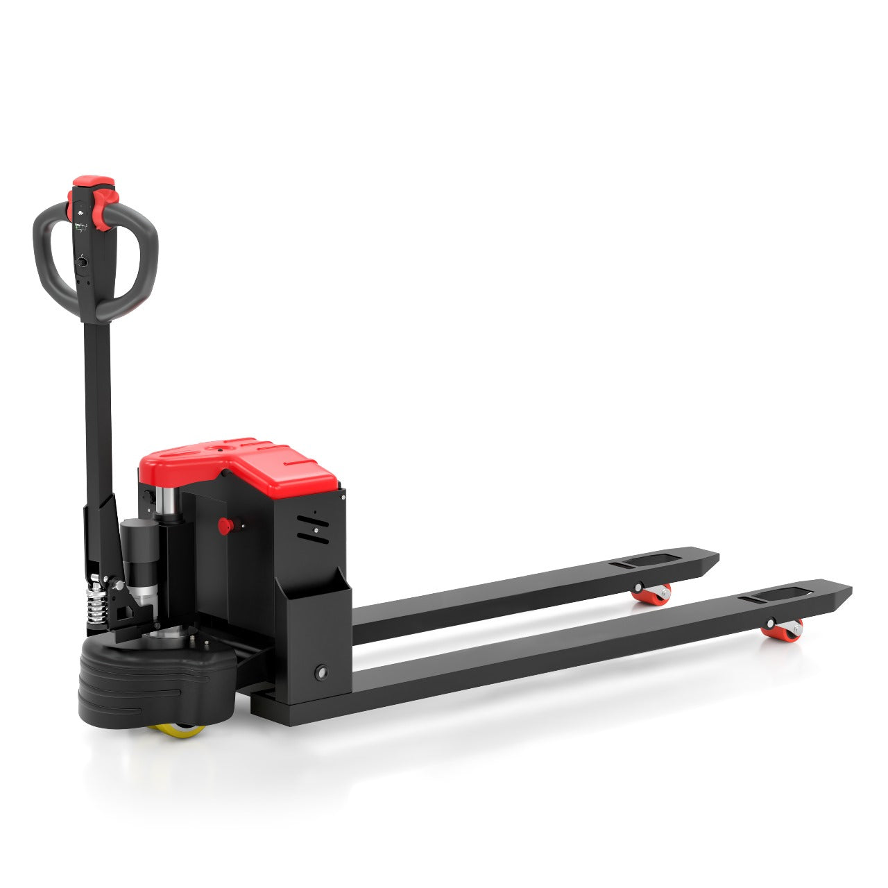 Pallet jack with red accents on a white background