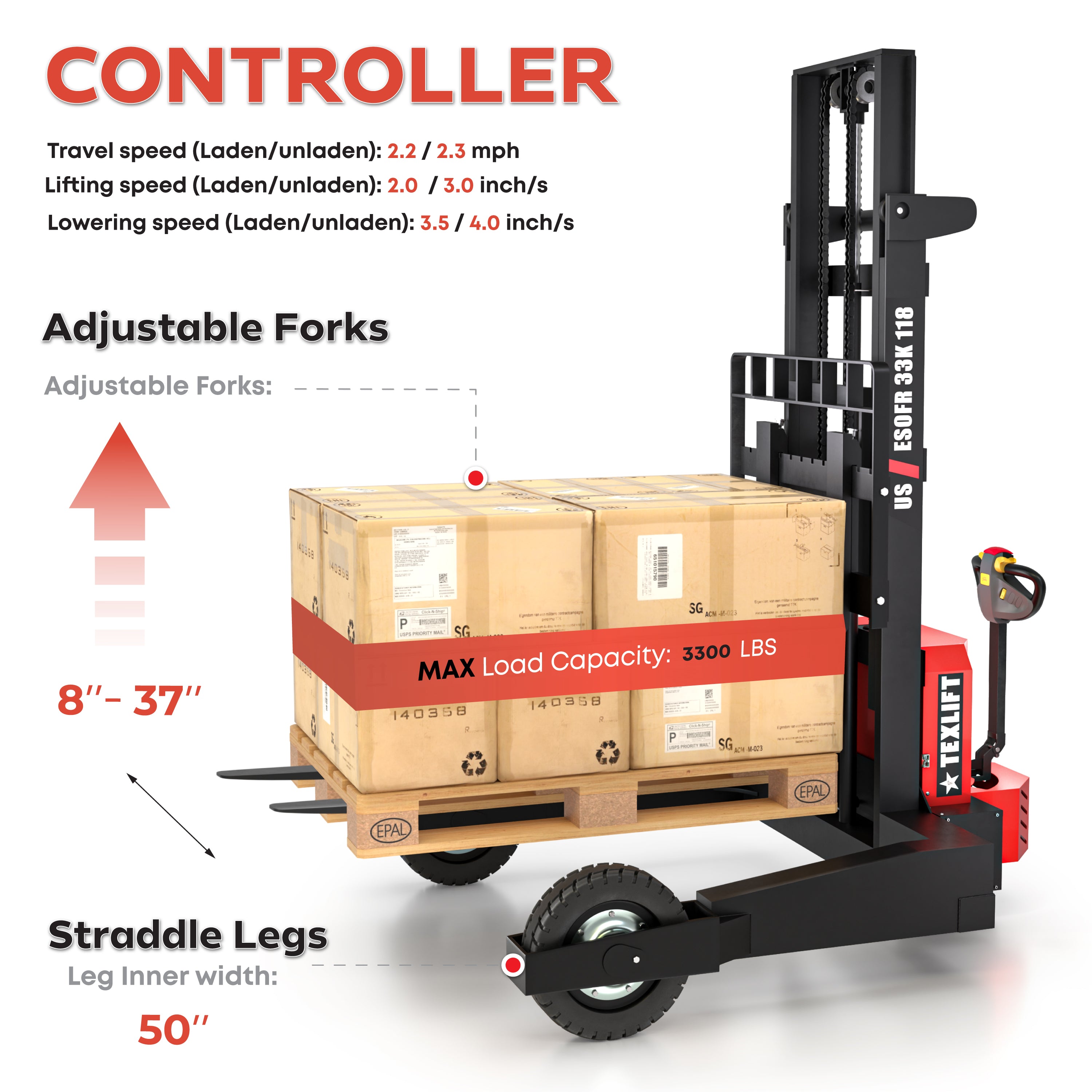 Off-road Electric Pallet Stacker 3300 lb – 118″ Lift Height, Walkie Forklift (US-ESOFR33K 118) - TEXLIFT