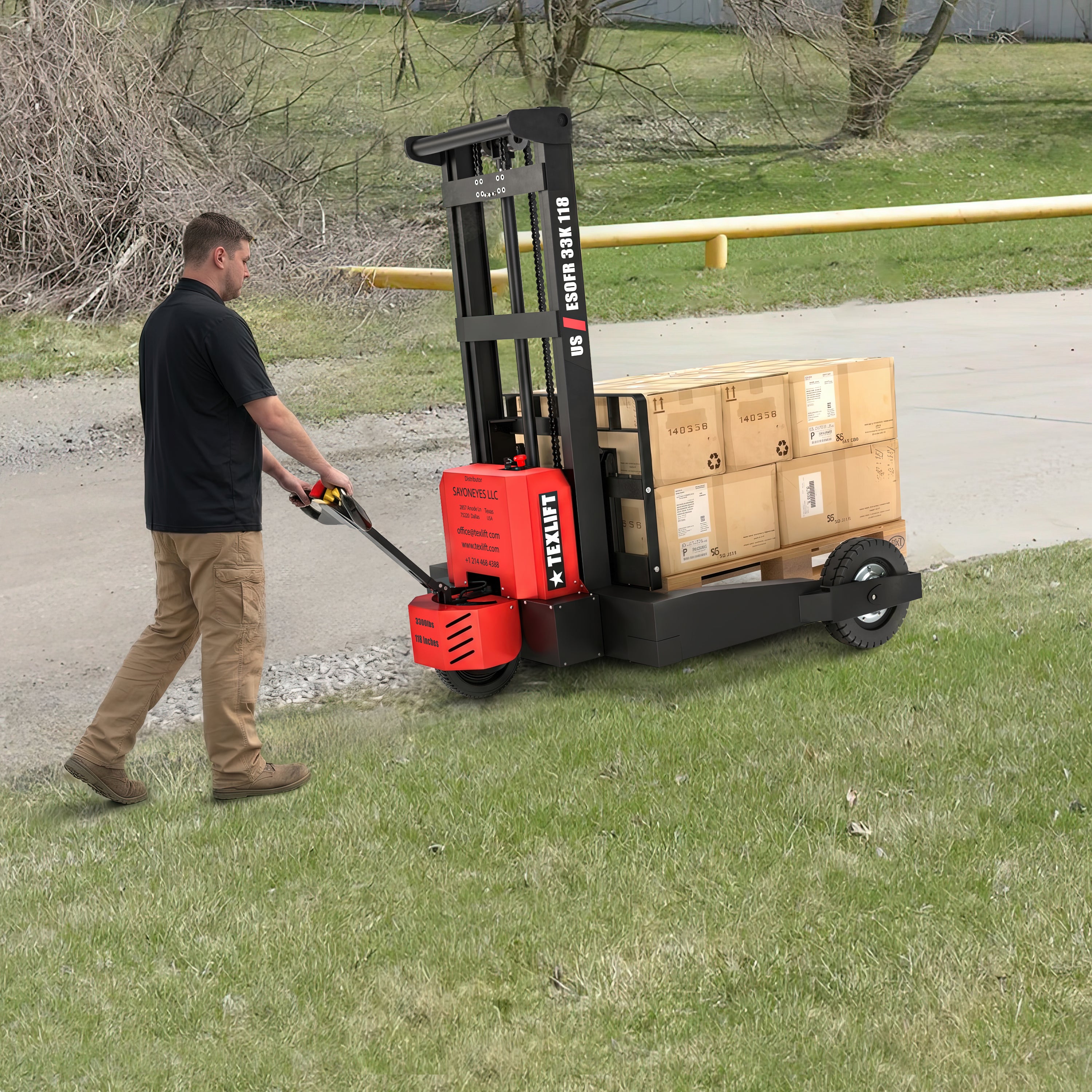 Off-road Electric Pallet Stacker 3300 lb – 118″ Lift Height, Walkie Forklift (US-ESOFR33K 118) - TEXLIFT