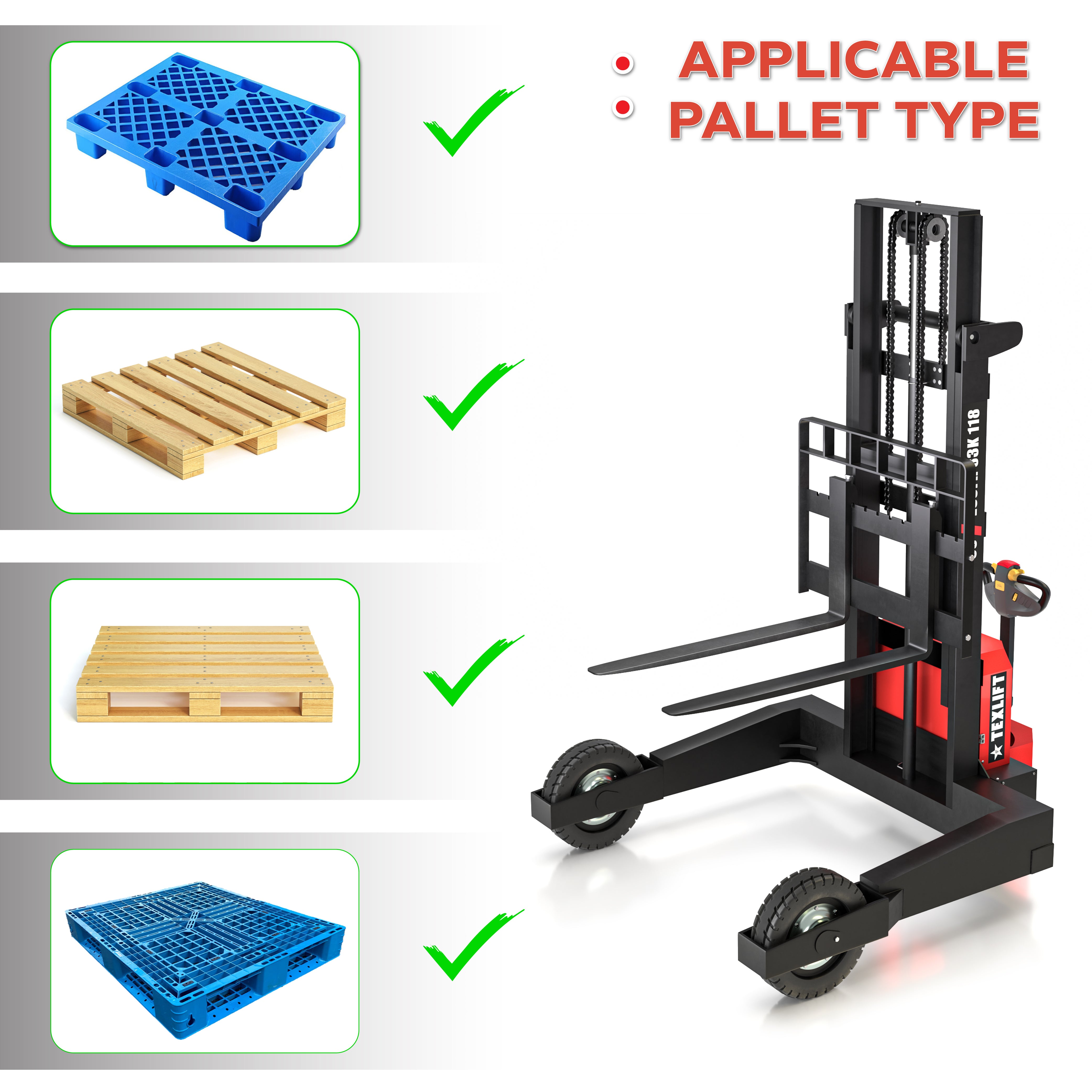 Off-road Electric Pallet Stacker 3300 lb – 118″ Lift Height, Walkie Forklift (US-ESOFR33K 118) - TEXLIFT