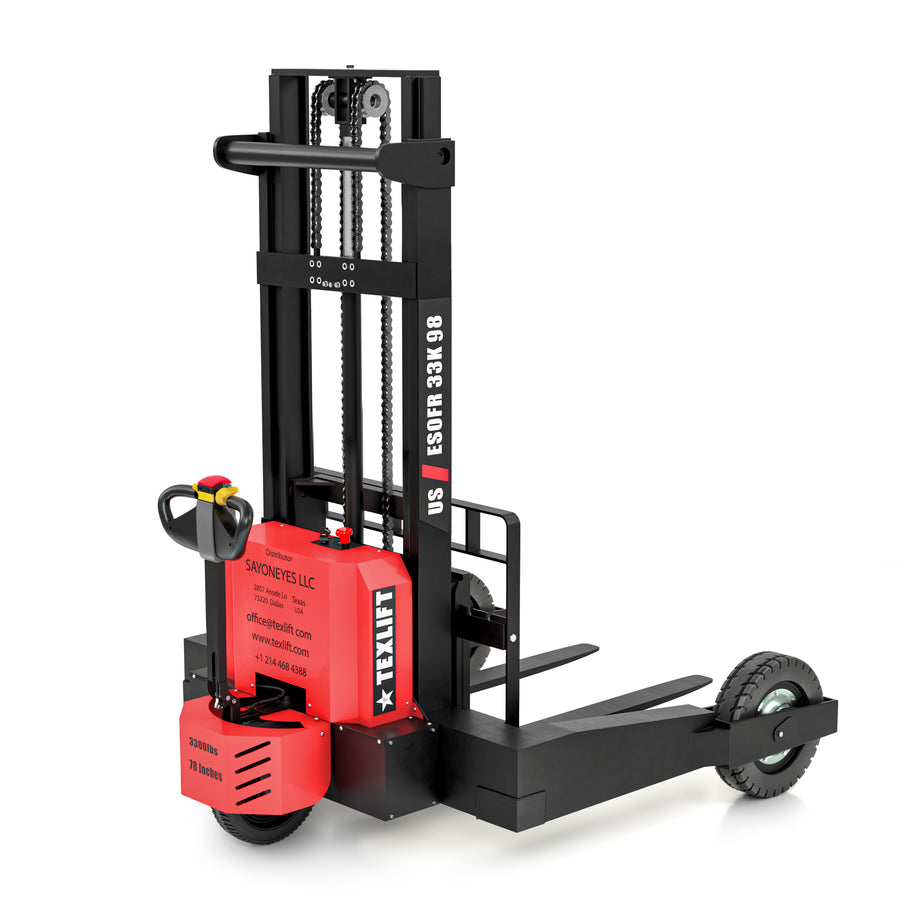 Off-road Electric Pallet Stacker 3300 lb – 98" Lift, Walkie Electric Forklift | US-ESOFR33K 98 - TEXLIFT