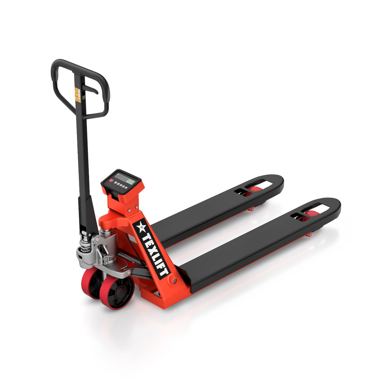 Pallet jack with digital display on a white background