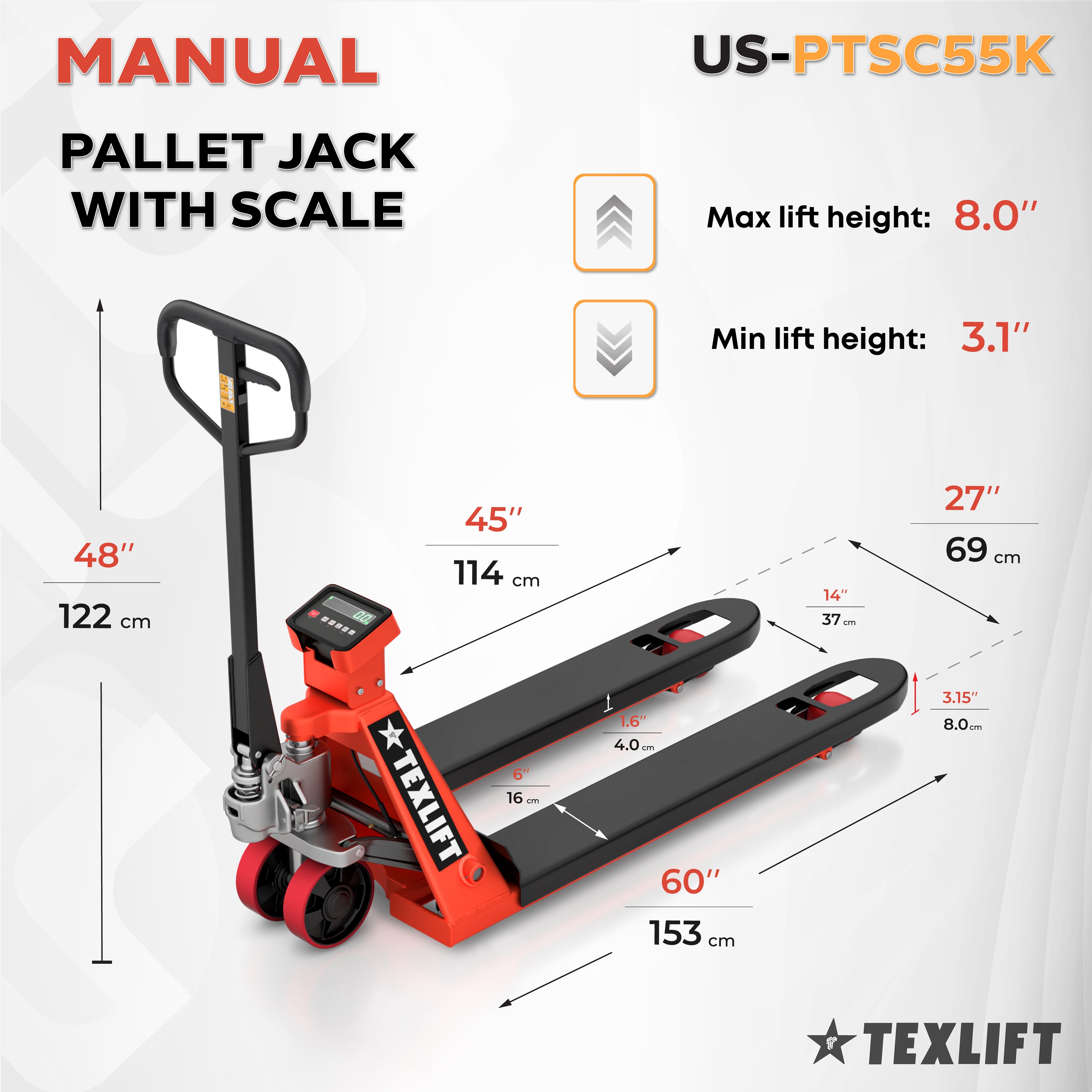 Manual pallet jack with scale and Texlift branding, showing dimensions on a white background.