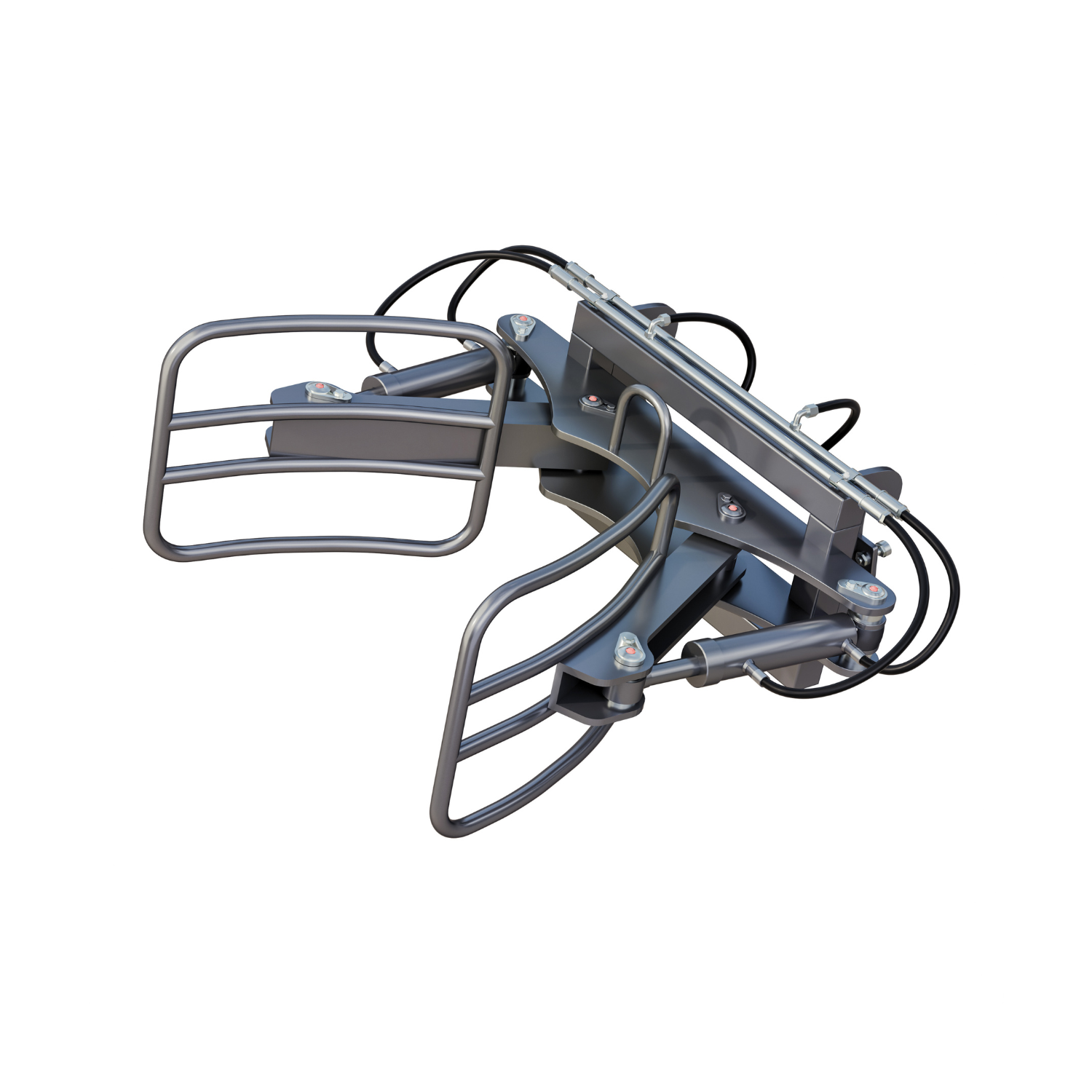 A round bale clamp attachment for electric wheel loaders, featuring a metallic build with wires and a quick hitch system.