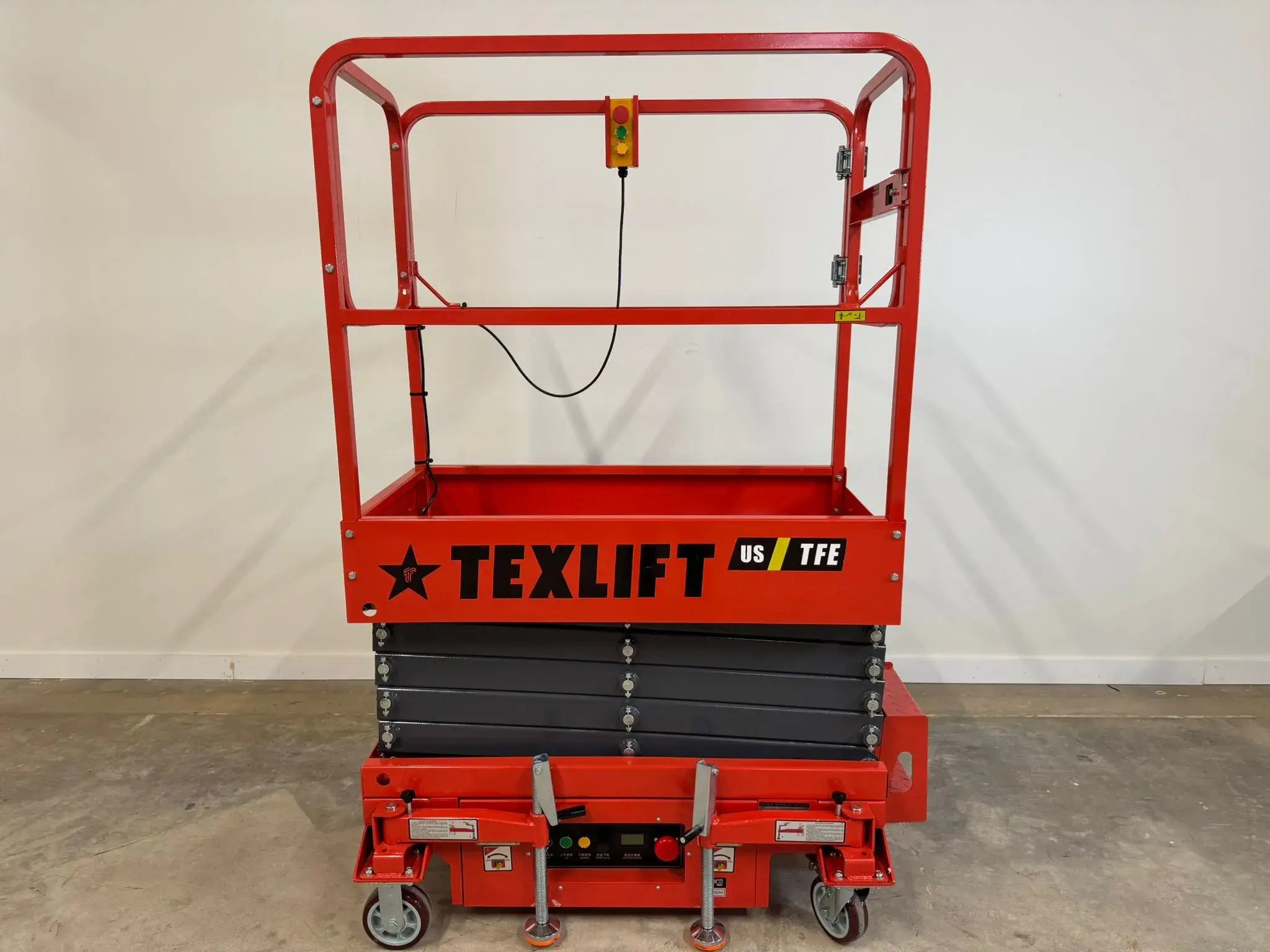 Texlift Semi-Electric Scissor Lift with 185-inch platform height, 440 lbs capacity, compact design, and durable construction for elevated tasks.