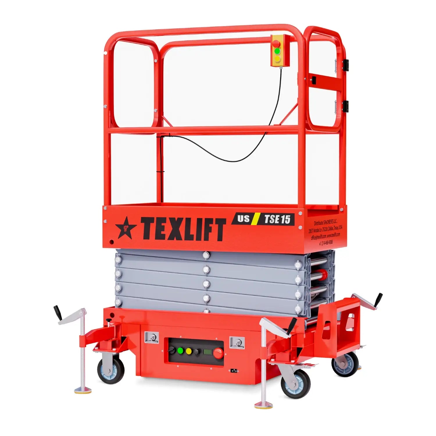 Semi-electric scissor lift with a durable design, 185-inch platform height, and 440 lbs capacity for versatile industrial and warehouse applications.