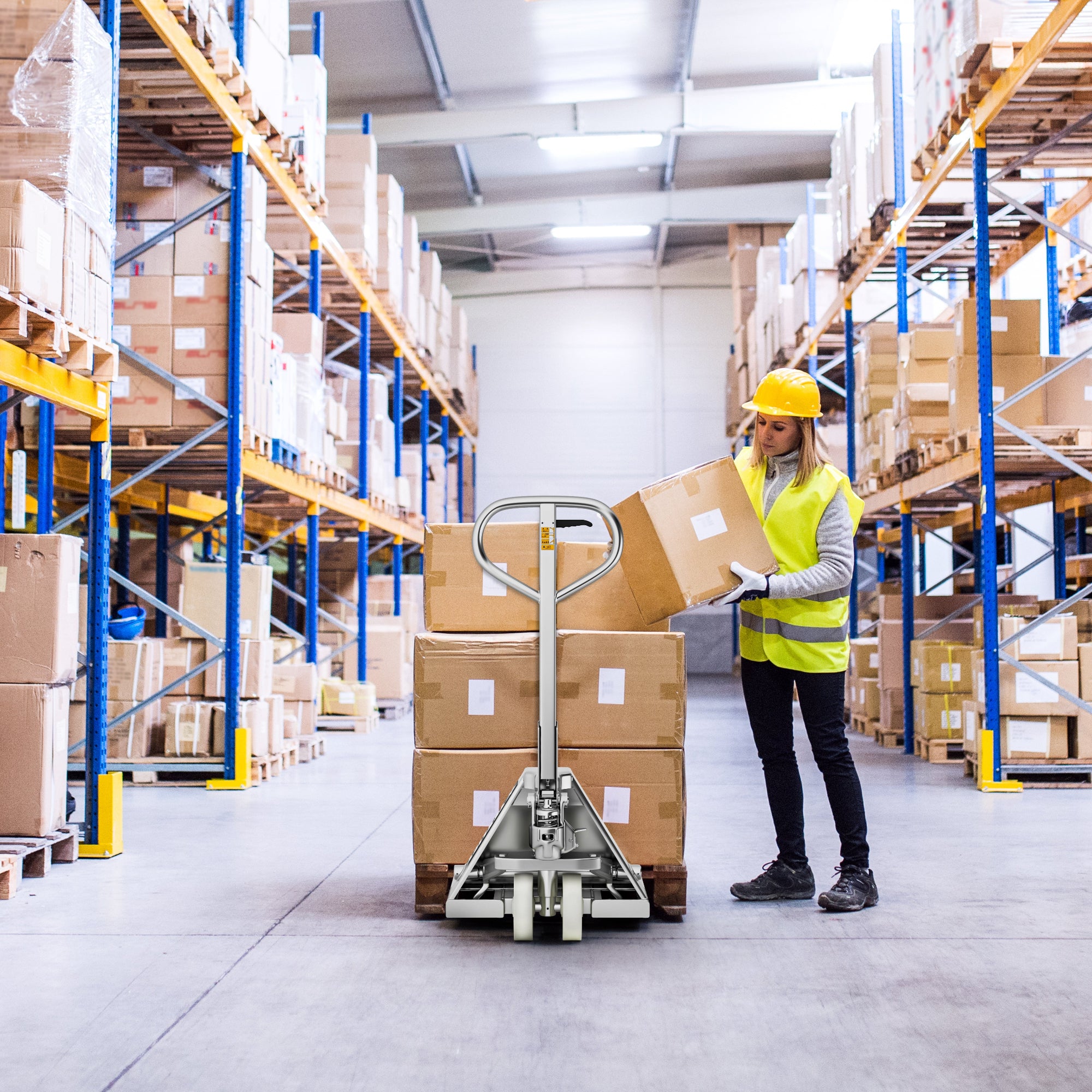 Worker in a warehouse with boxes and a hand truck