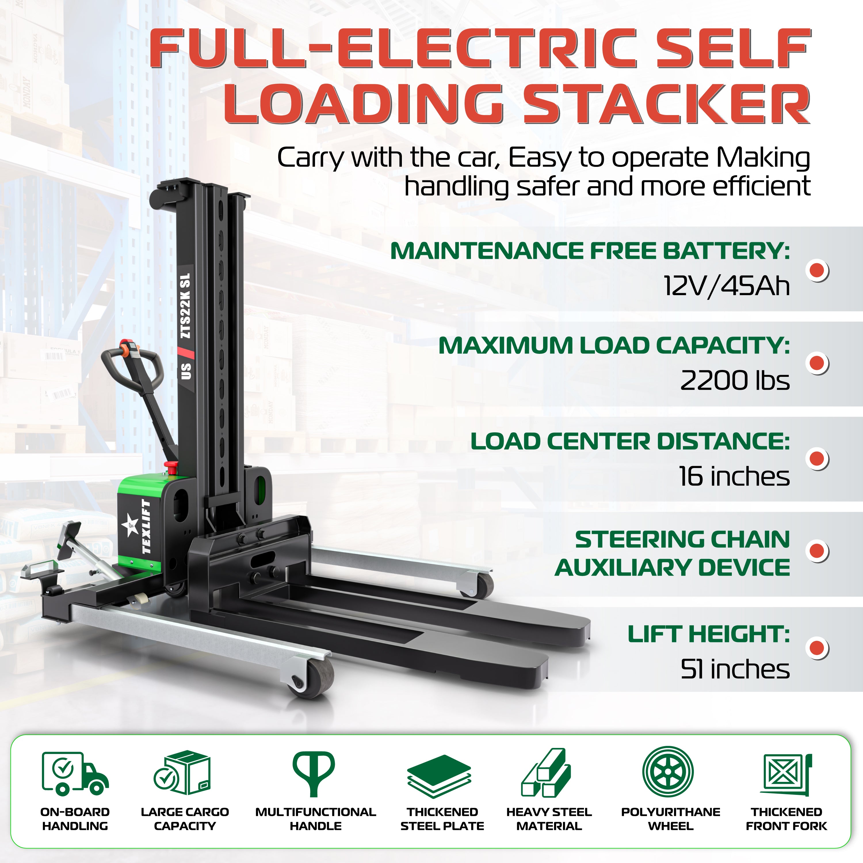 TEXLIFT US-ZTS22K SL – Full Electric Self-Loading Pallet Stacker, 2,200 lbs Capacity, 51” Lift Height - TEXLIFT