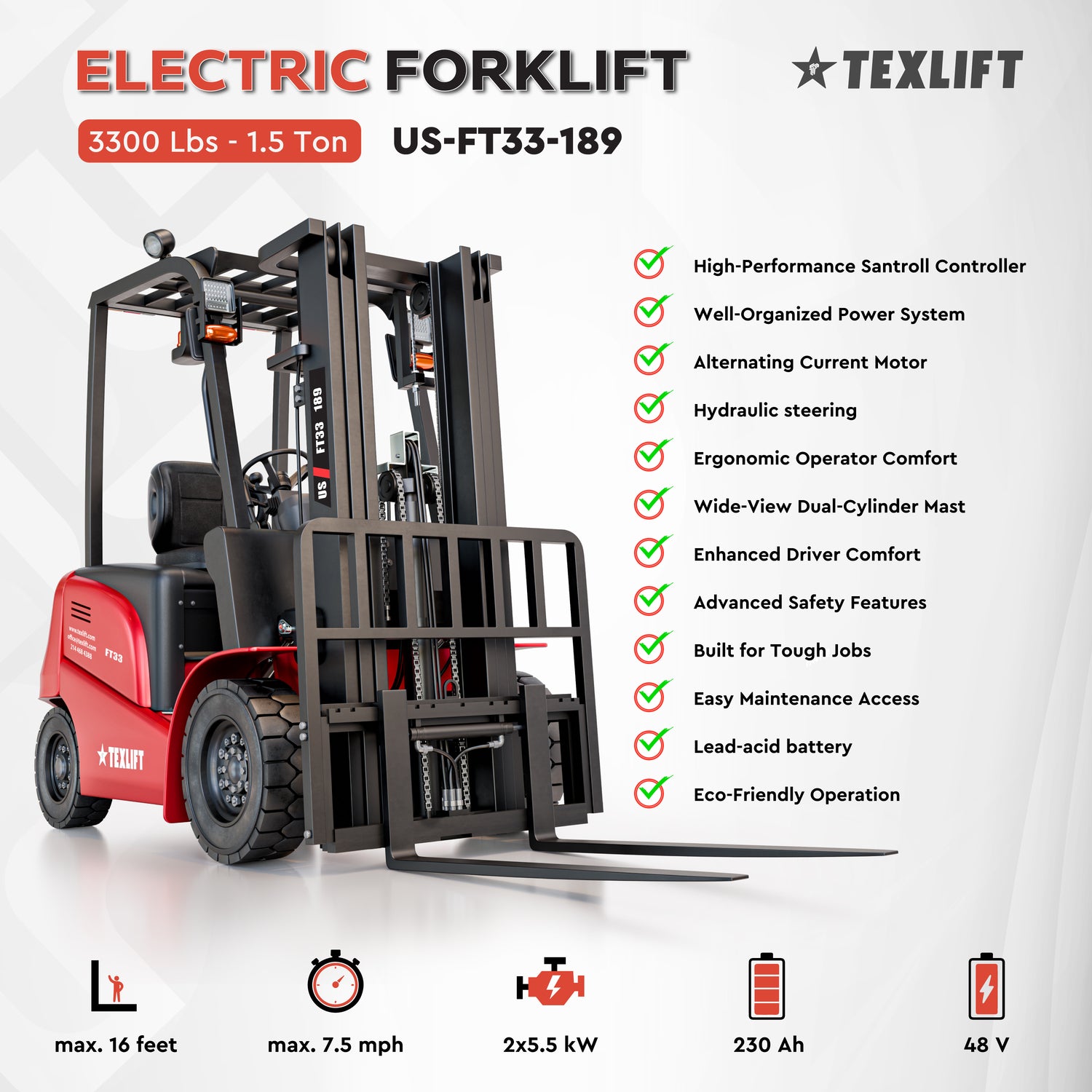 Red electric forklift with Texlift branding and specifications on a white background