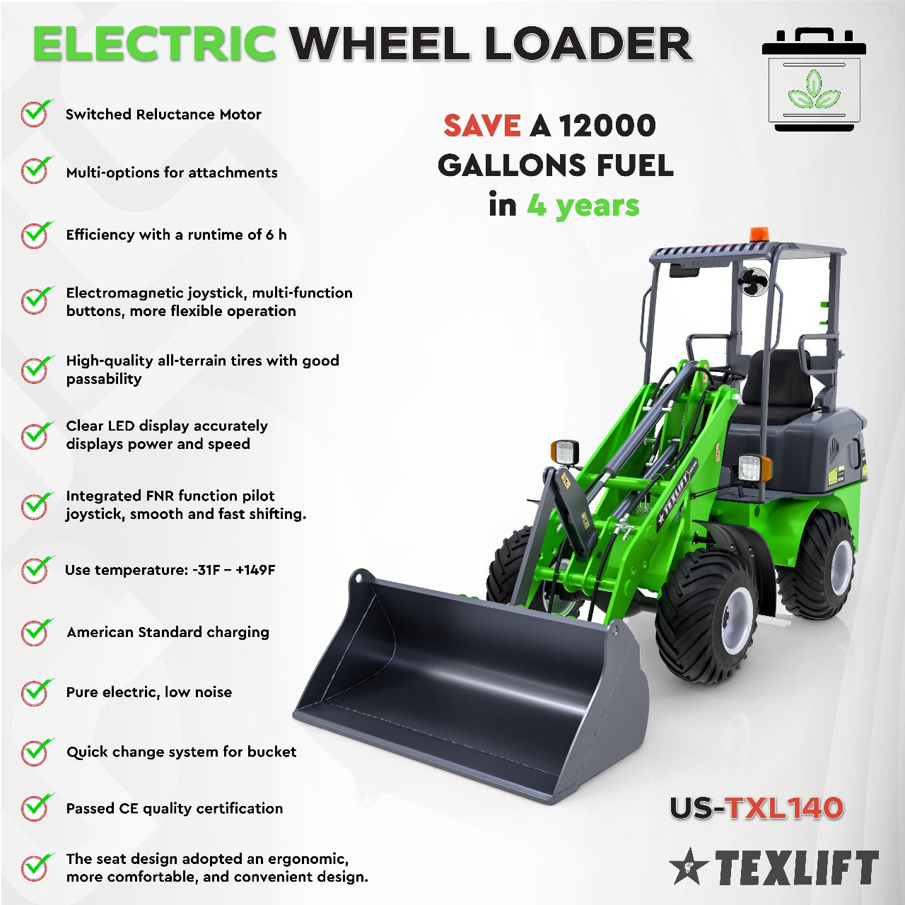 Texlift Electric Wheel Loader – Compact Battery-Powered Loader for Farm and Construction Use