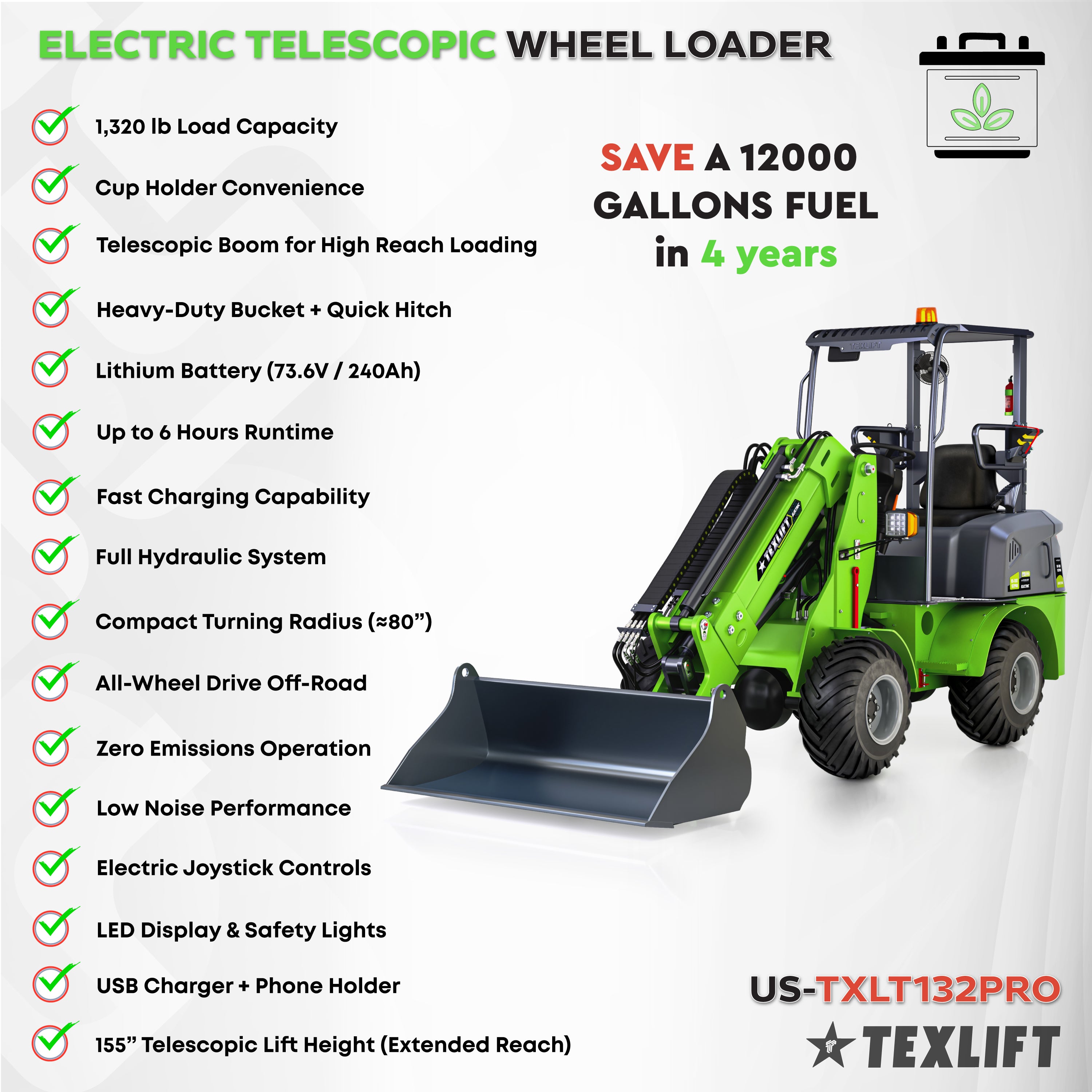 Texlift US-TXLT132 PRO Electric Telescopic Wheel Loader – 1,320 lb Capacity, 155″ Lift - TEXLIFT