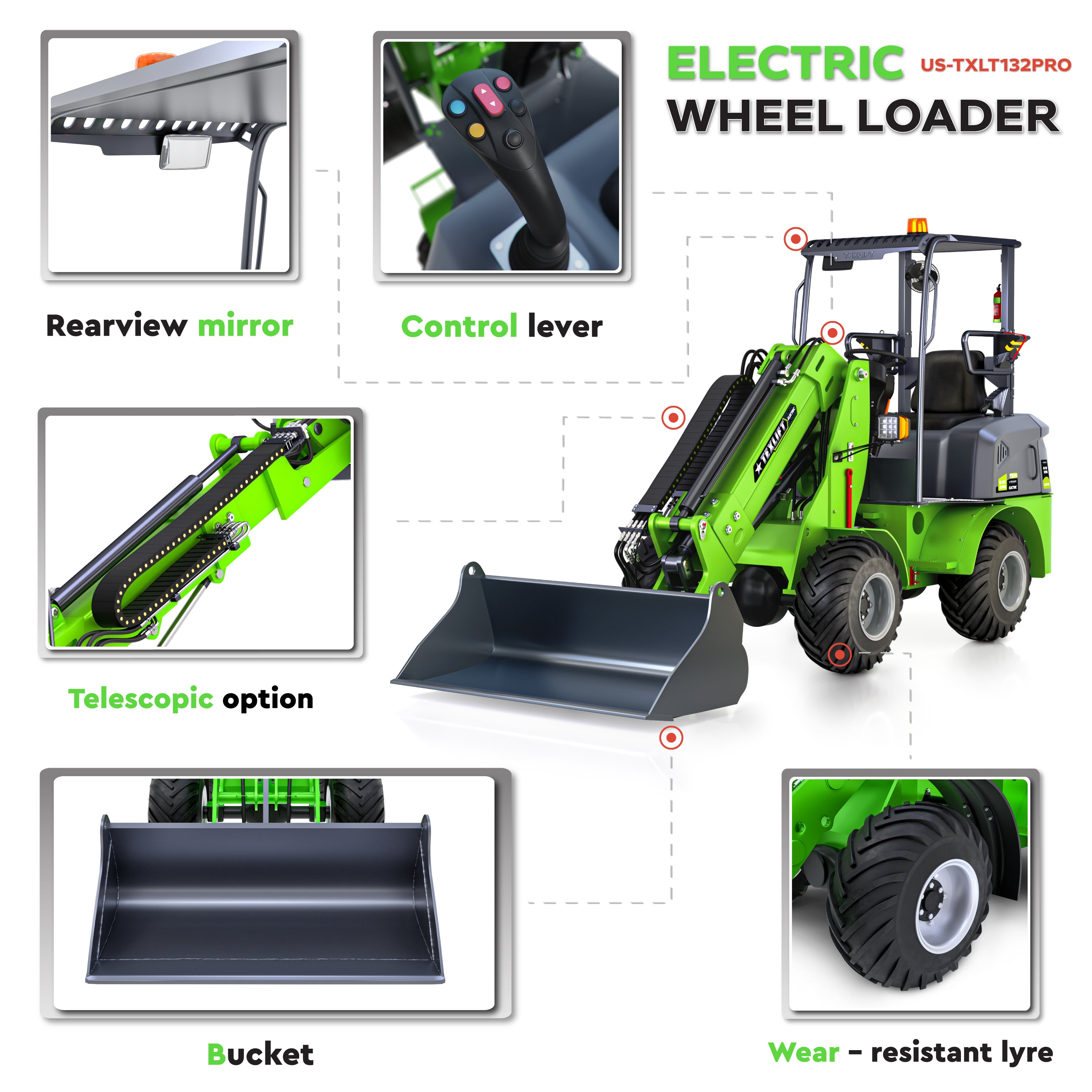 Texlift US-TXLT132 PRO Electric Telescopic Wheel Loader – 1,320 lb Capacity, 155″ Lift - TEXLIFT