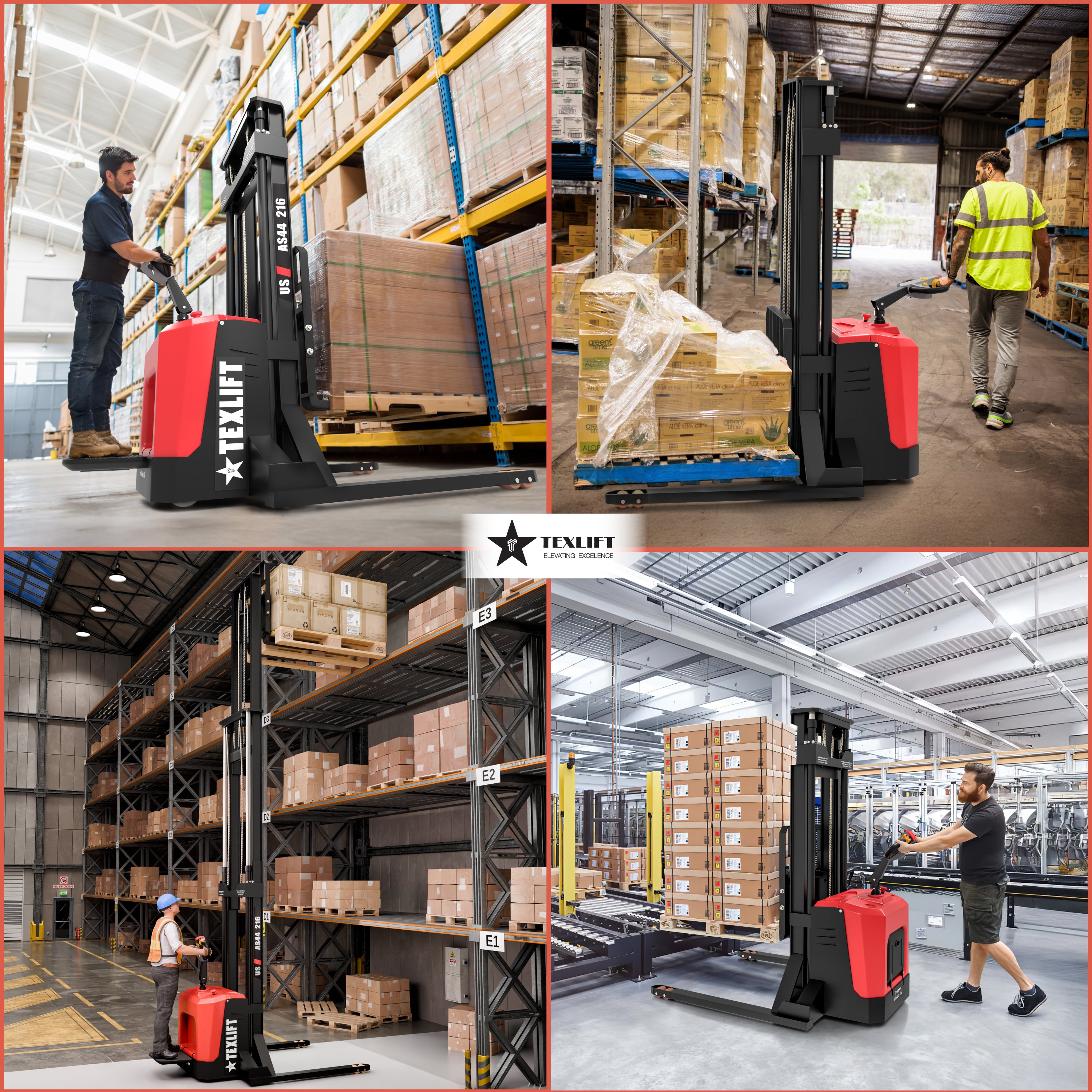 Collage of a forklift in a warehouse with workers and stacked pallets.