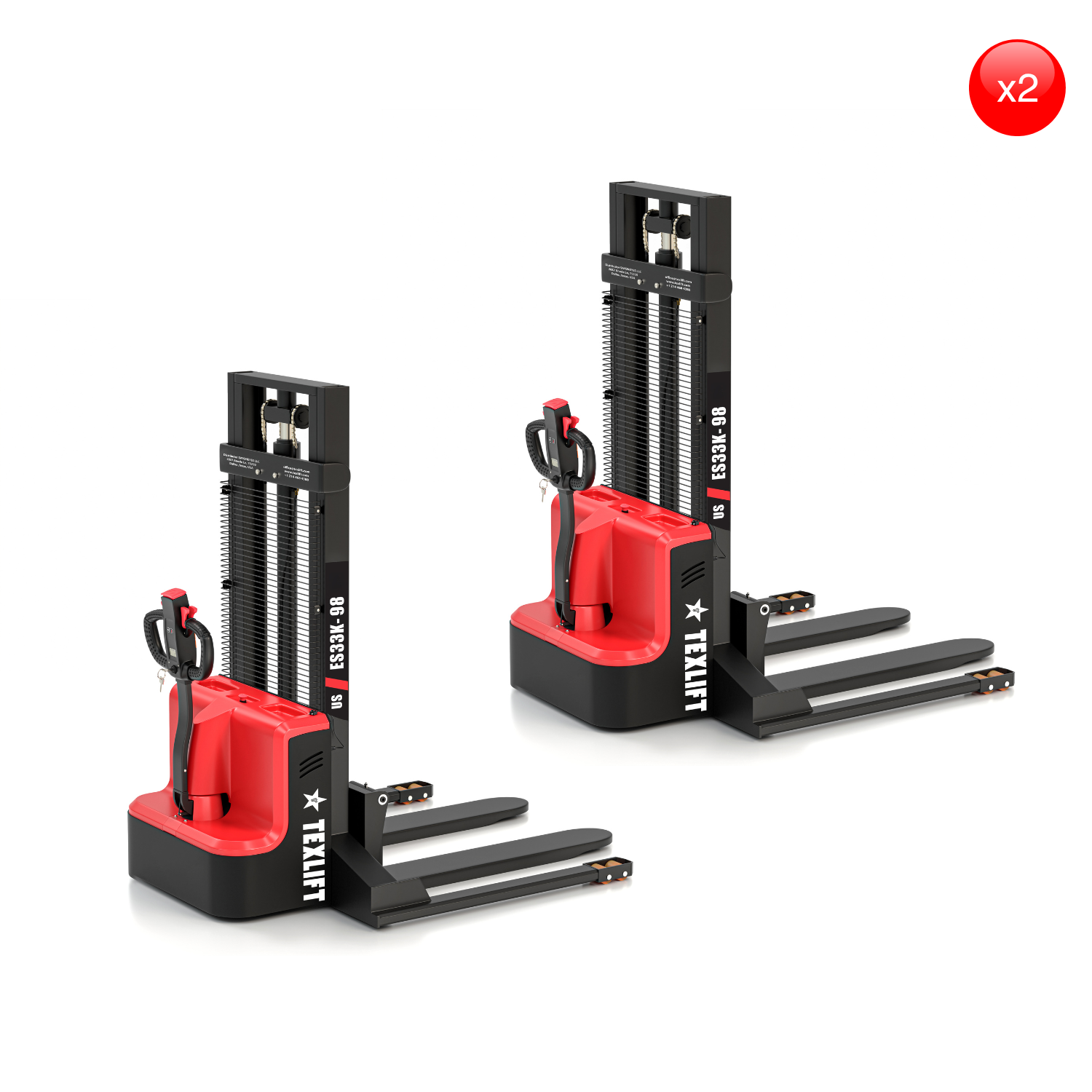 Full Electric Pallet Stacker 2-Pack – 8ft (98 inch)  Lift, 3300Lbs Capacity