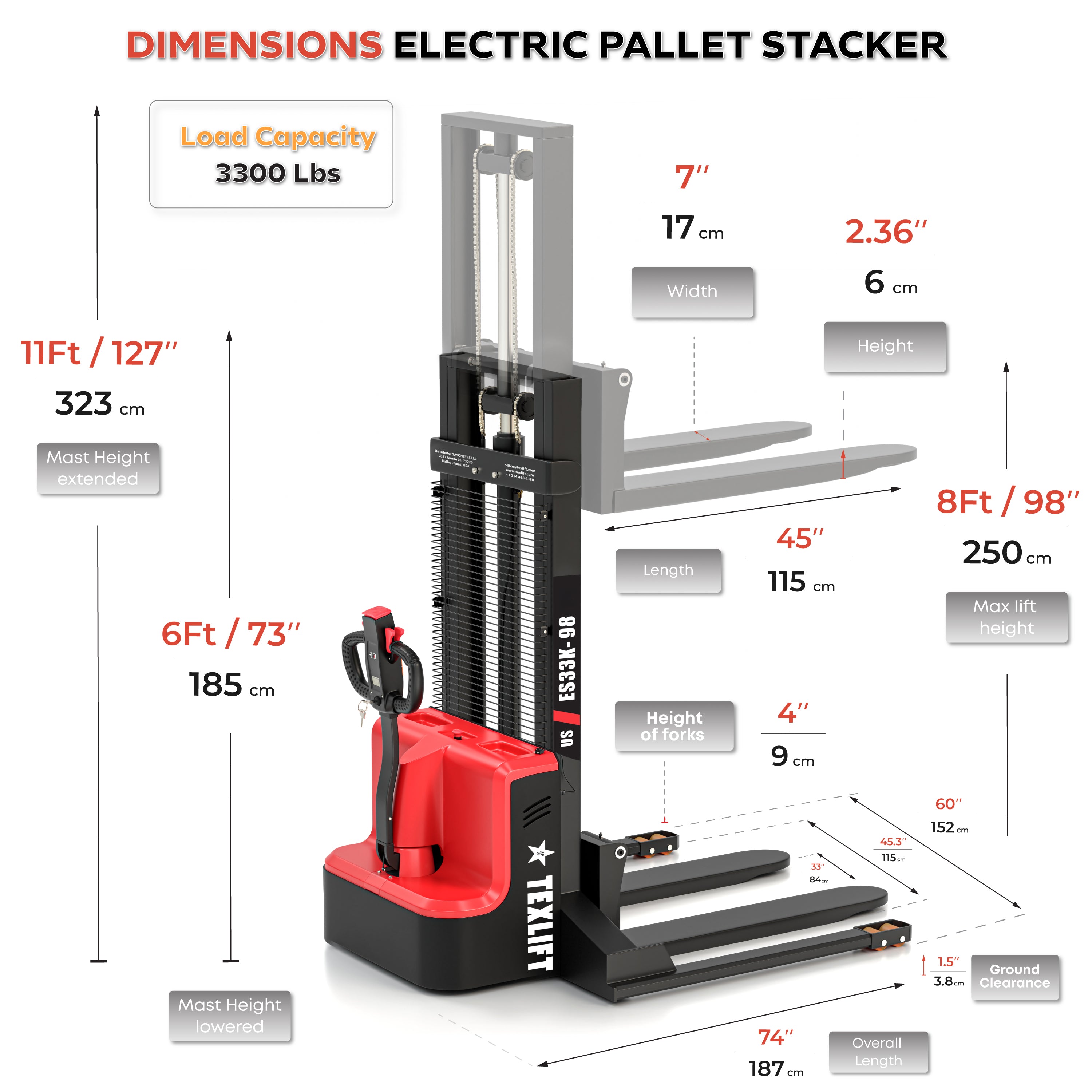 3300 LBS Capacity, 8ft (98 inch) Lift Full Electric Pallet Stacker with Straddle Legs