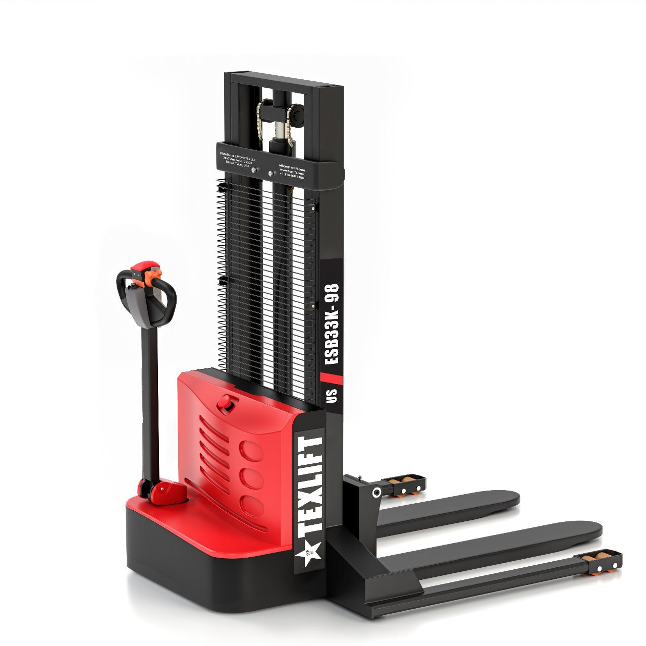 Red and black Texlift pallet stacker on a white background