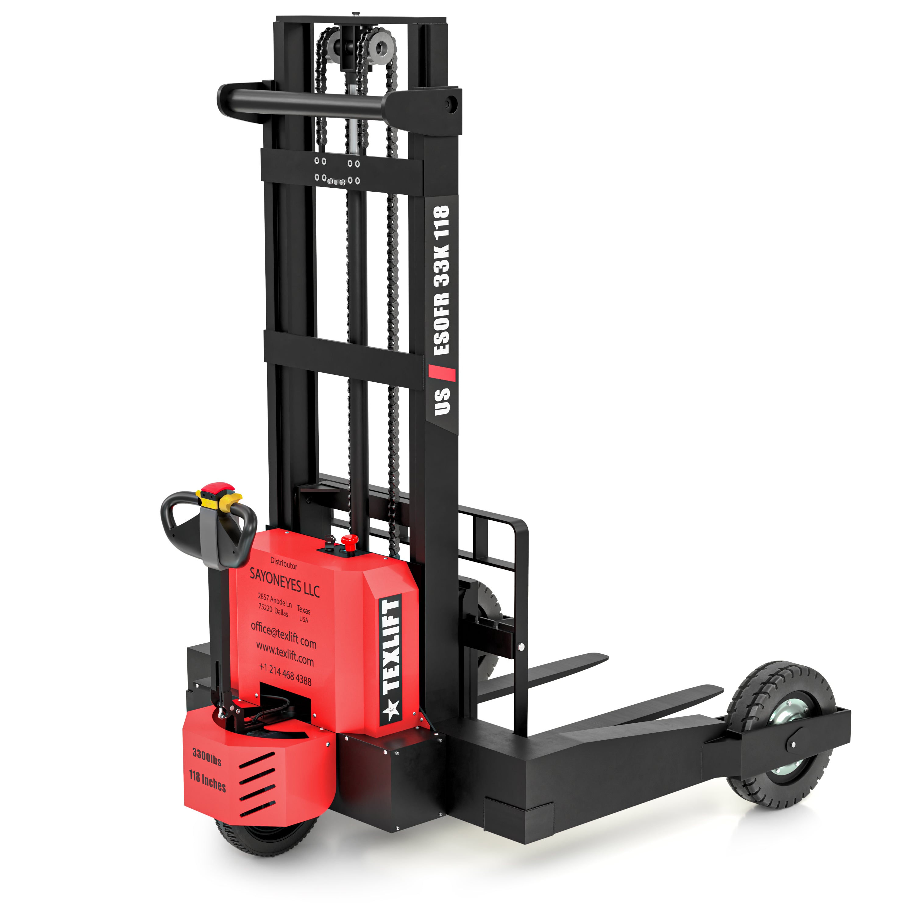 Red and black offroad stacker  on a white background