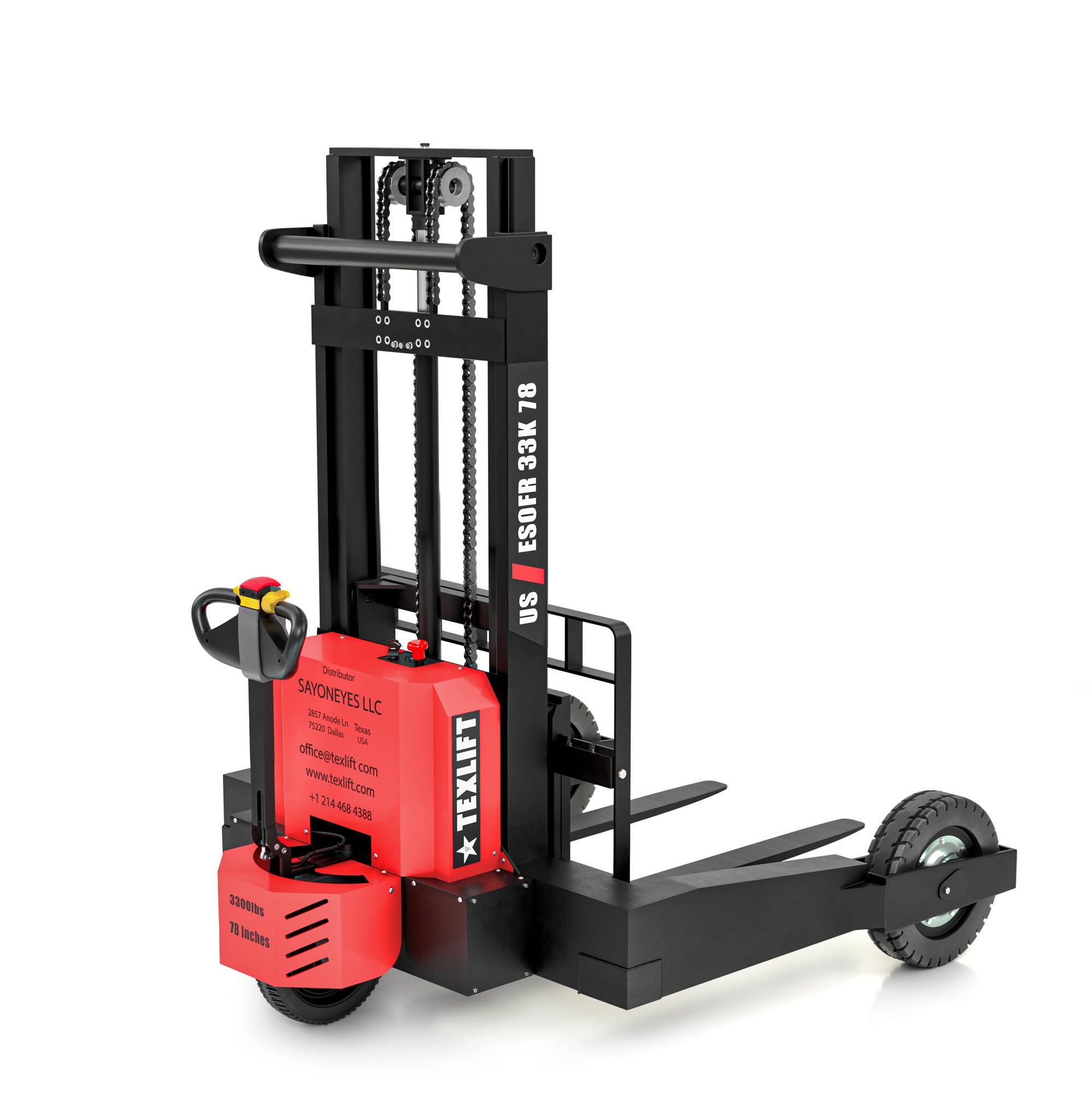 US-ESOFR33K 78 Offroad Electric Stacker – 3,300 lb Capacity, 78″ Lift, Solid Tires