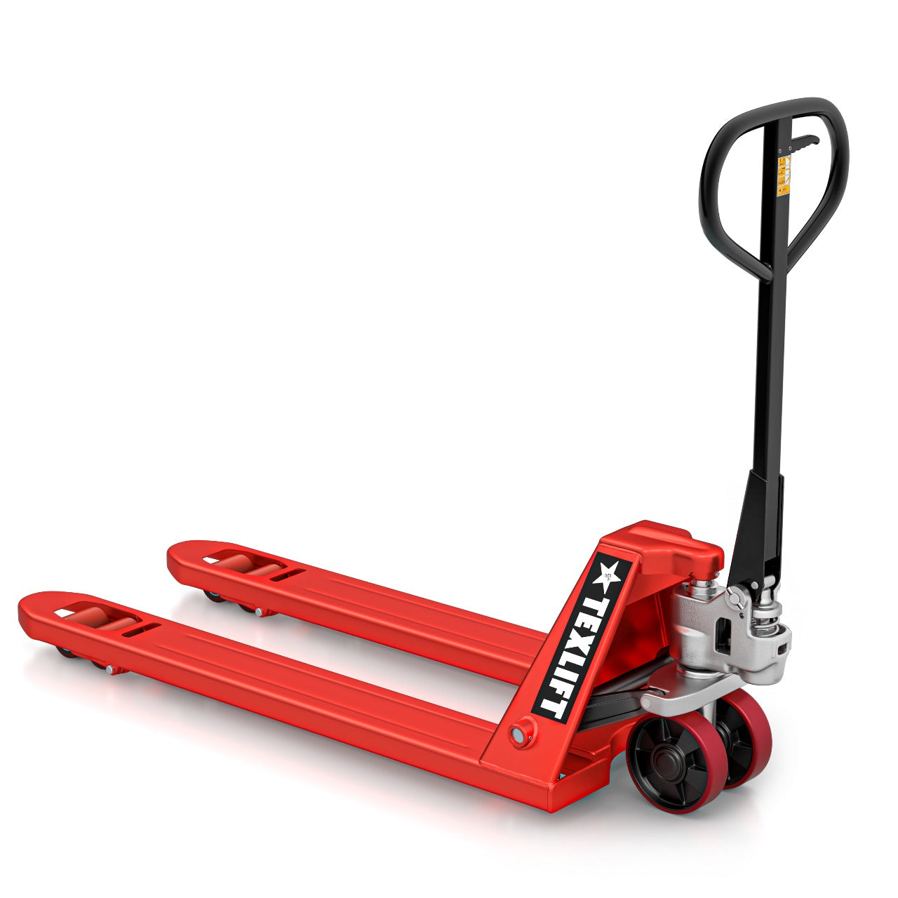 Red pallet jack with black handle on a white background