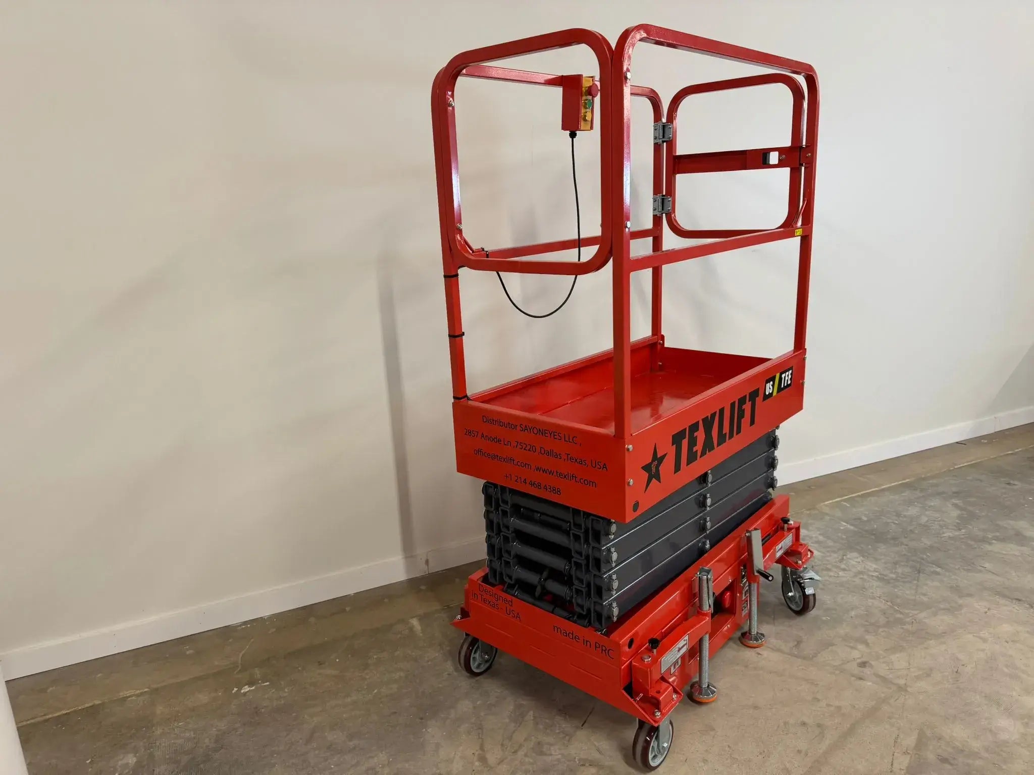 Texlift Semi-Electric Scissor Lift with 185-inch platform height, 440 lbs capacity, compact design, and durable construction for elevated tasks.