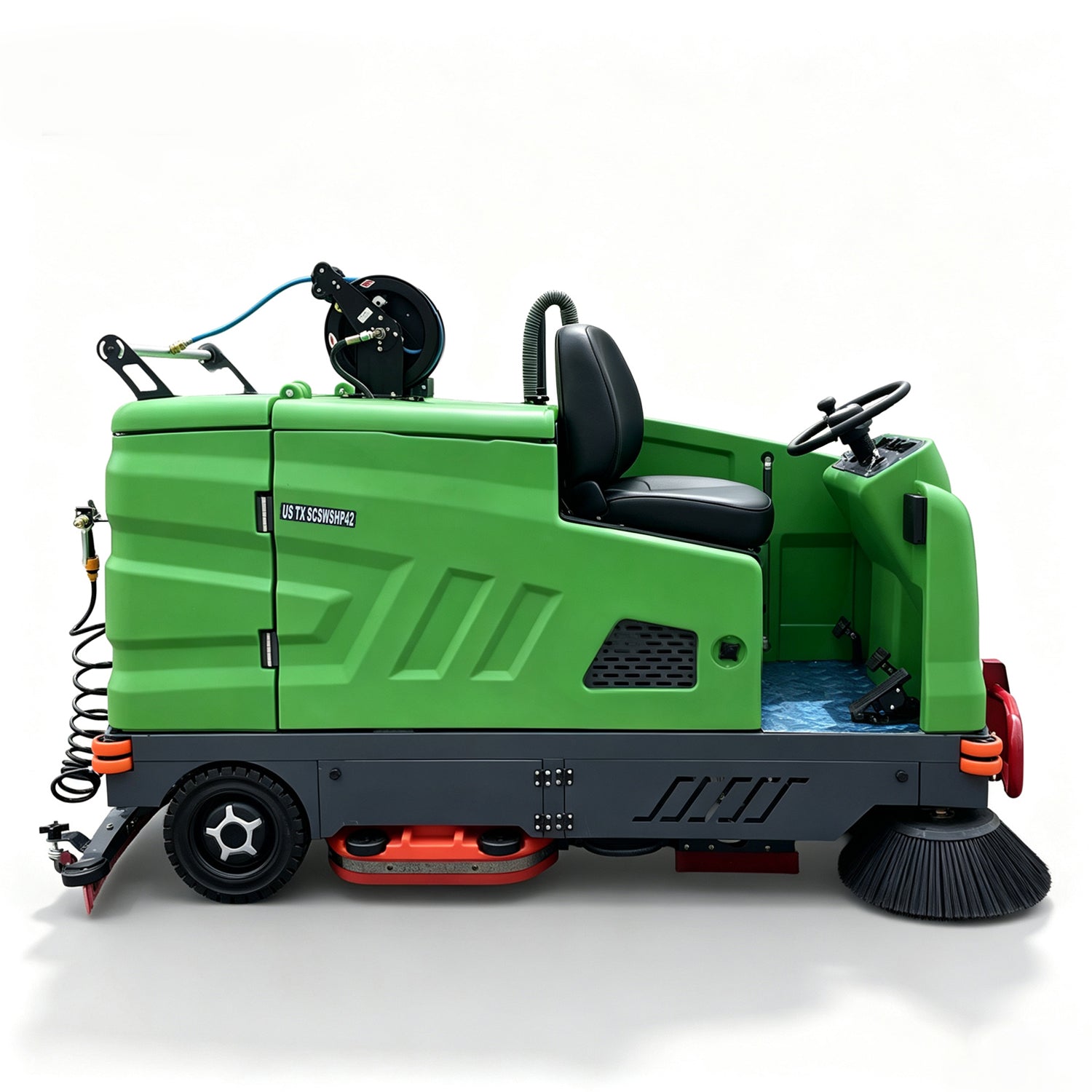 57" Ride-On Industrial Floor Sweeper & Scrubber with High-Pressure Washer & Suction Hose | US-TX SCSWHP42