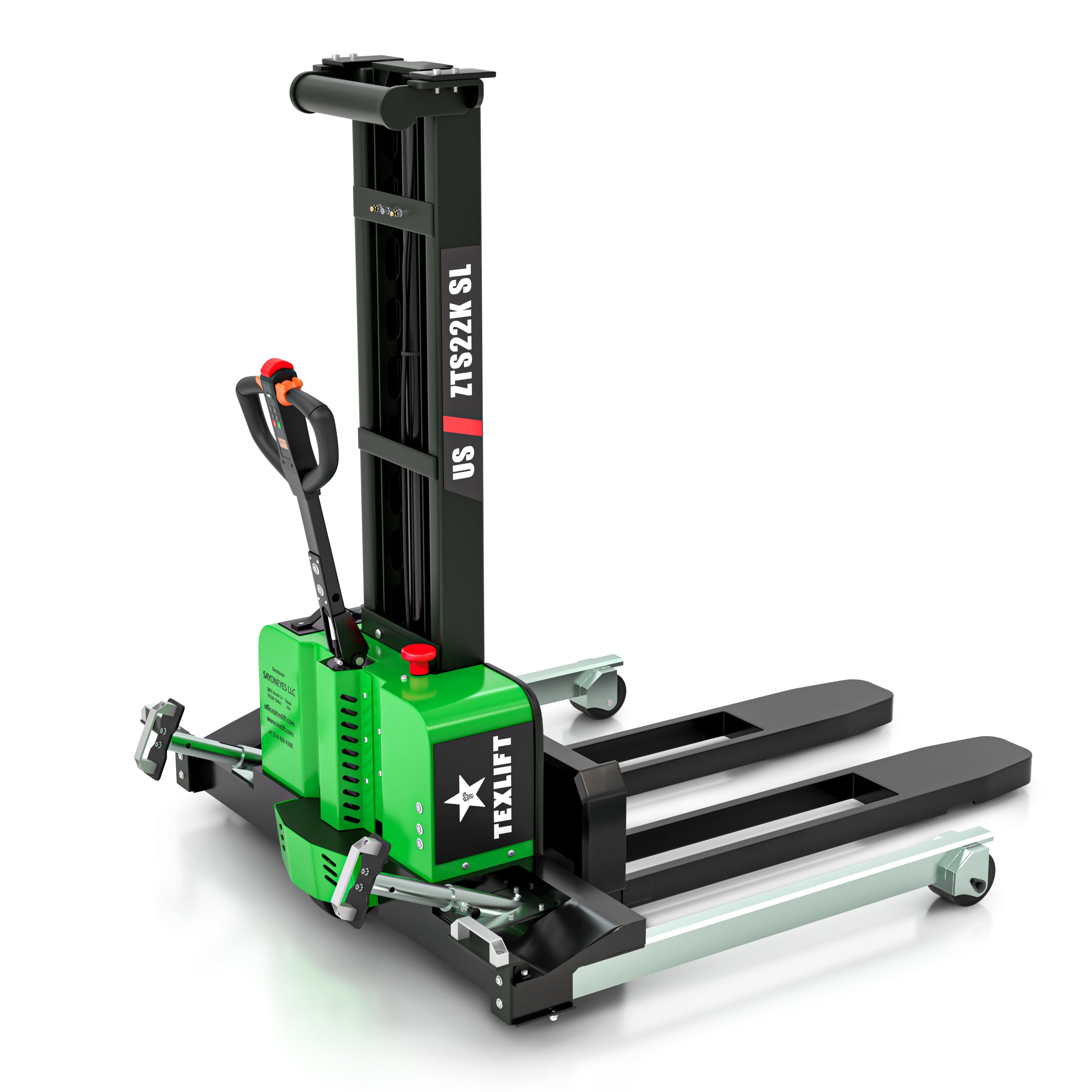 Green and black pallet jack with Texlift branding on a white background