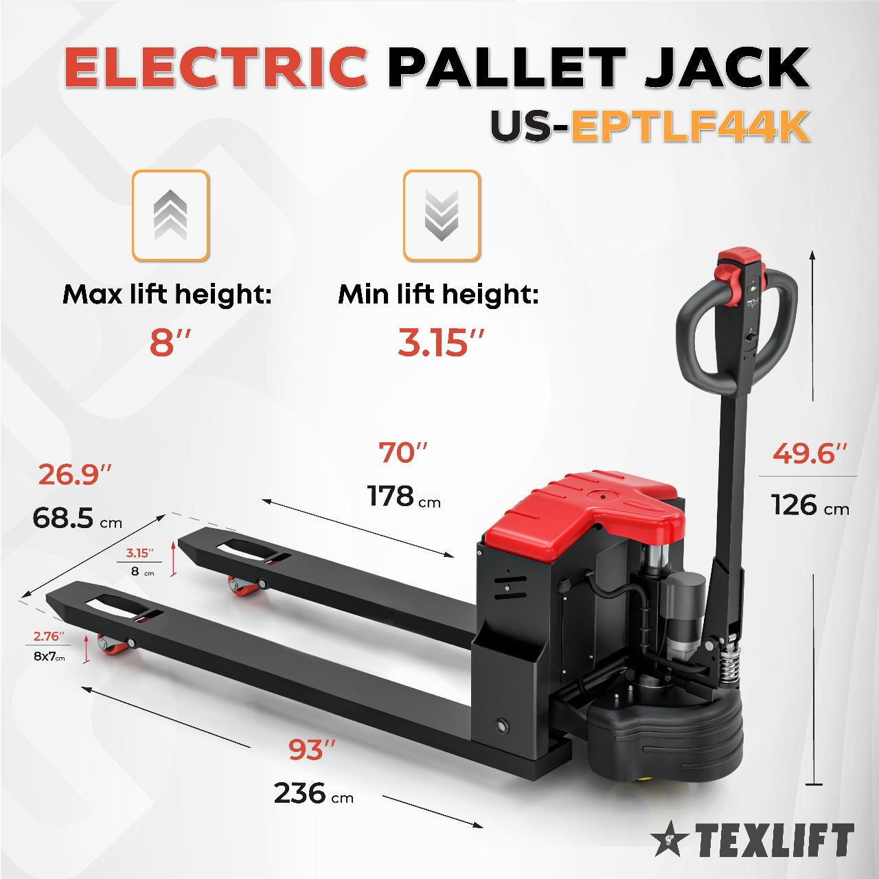 TEXLIFT Full Electric Pallet Jack – 4,400 lbs Capacity, 70″ Long Forks | Model US-EPTLF44K