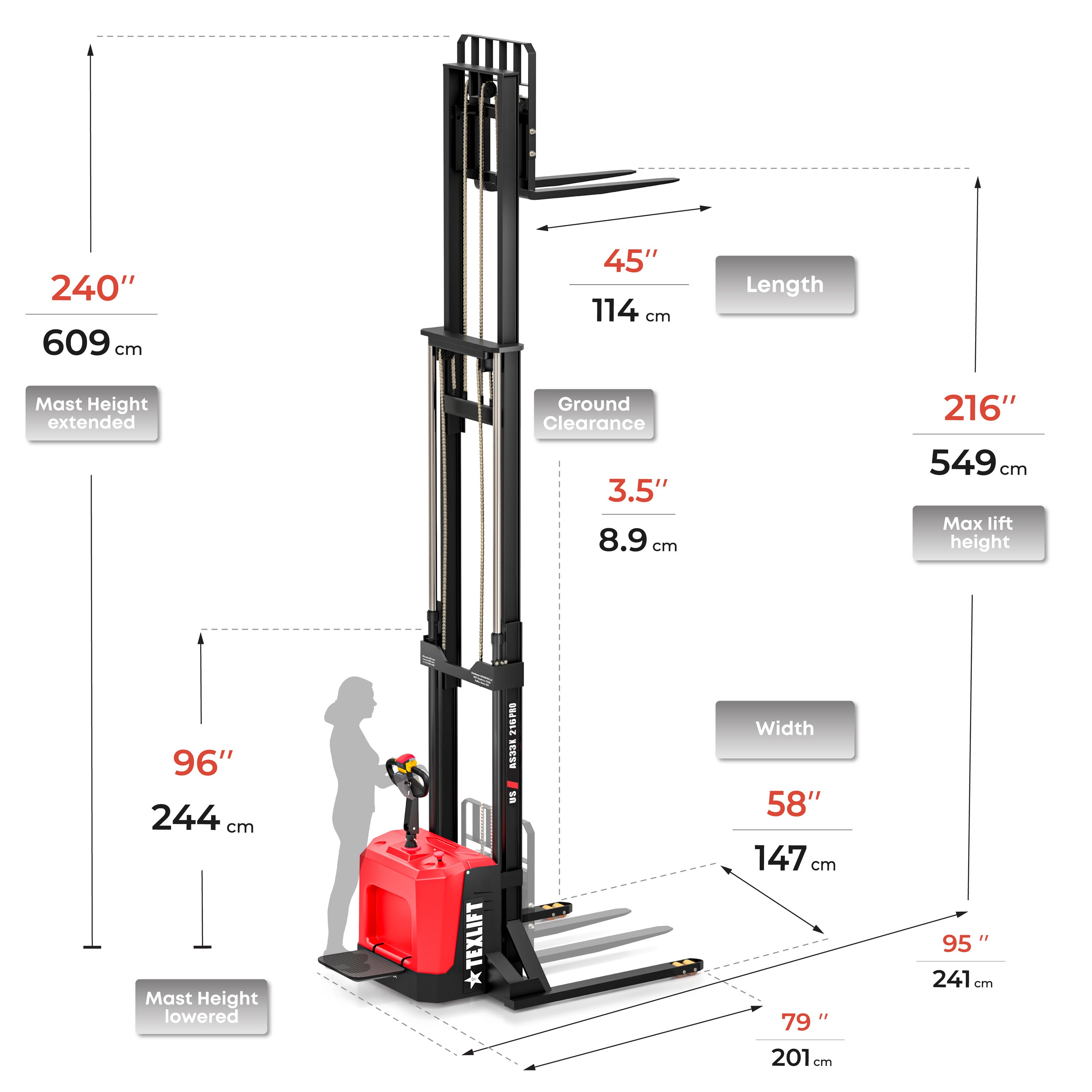 3,300 lb Full Electric Rider Stacker 18 ft Lift | Lithium | US-AS33K 216 PRO