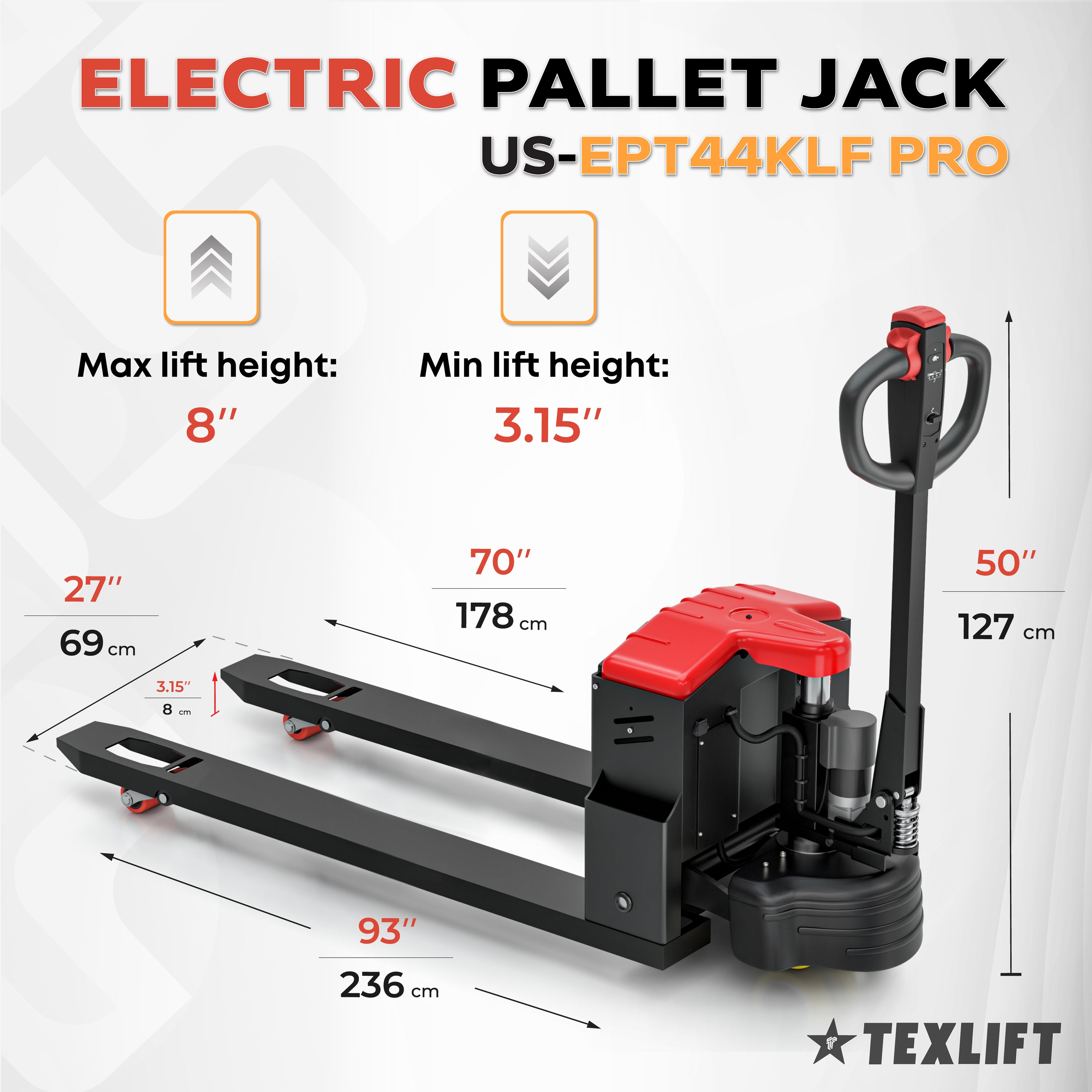 Electric pallet jack with dimensions and specifications on a white background
