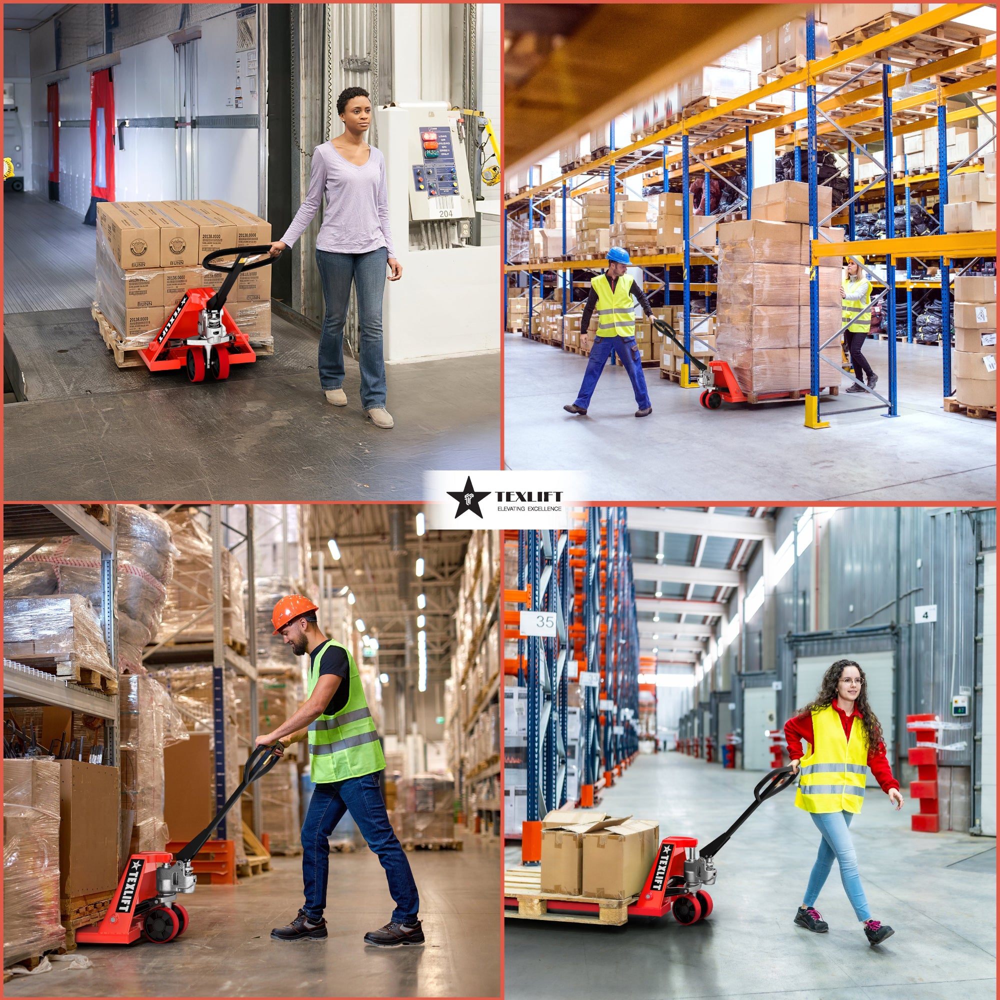 Collage of warehouse workers using pallet jacks with Tenlift logo.