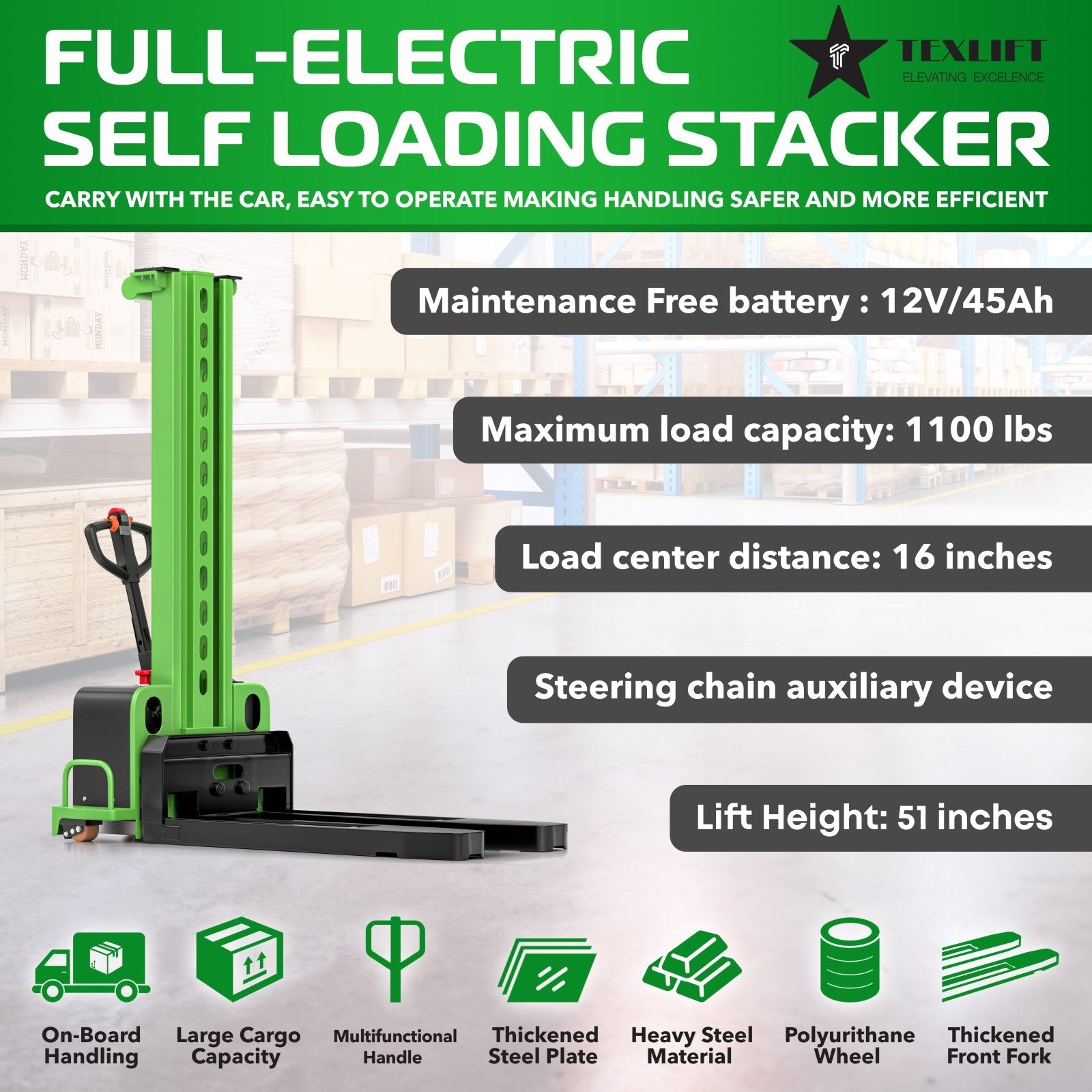 SELF STACKER FULL ELECTRIC 2200LBS (TX-ZTS-22K-FE) -  TEXLIFT