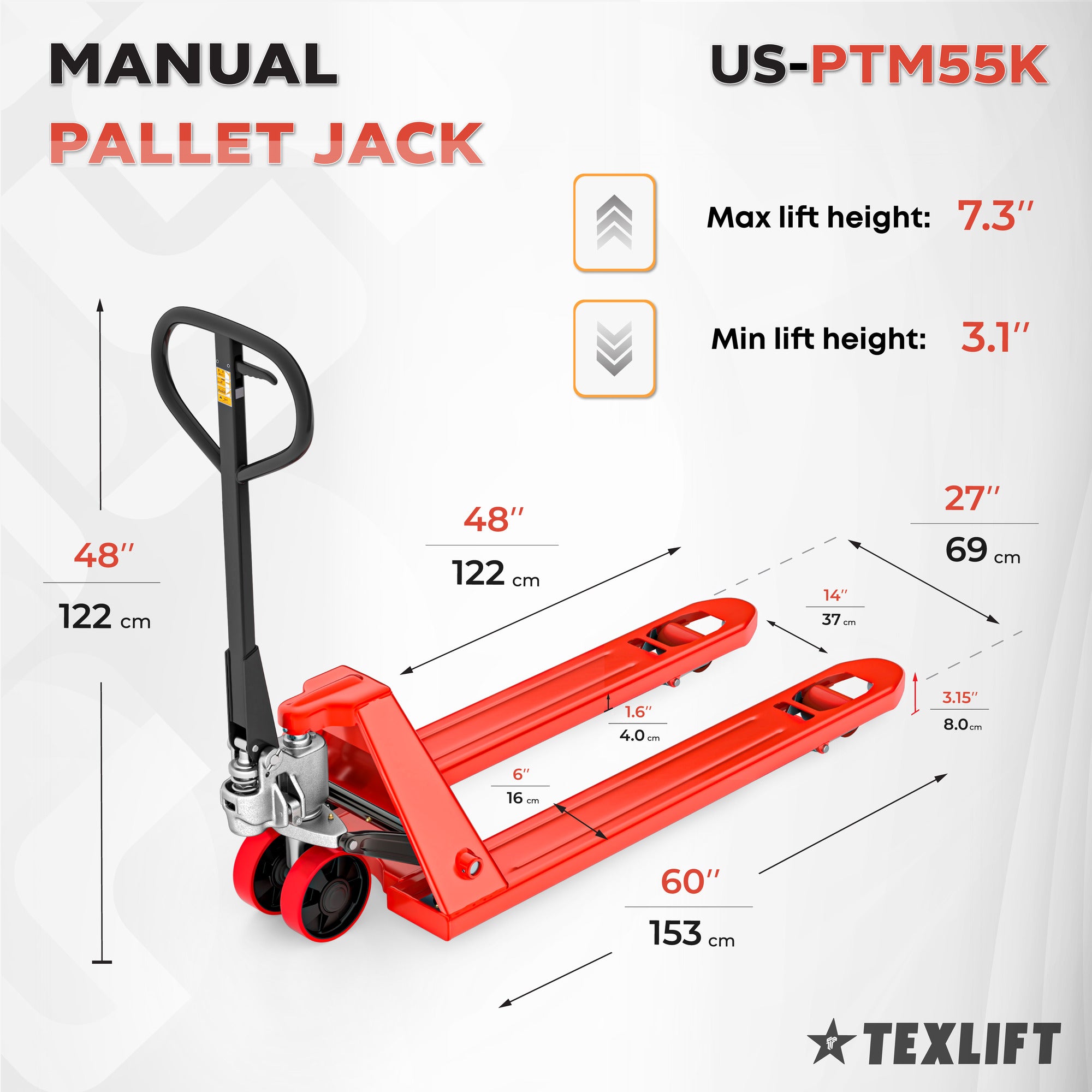 Red manual pallet jack with dimensions and Texlift branding on a white background