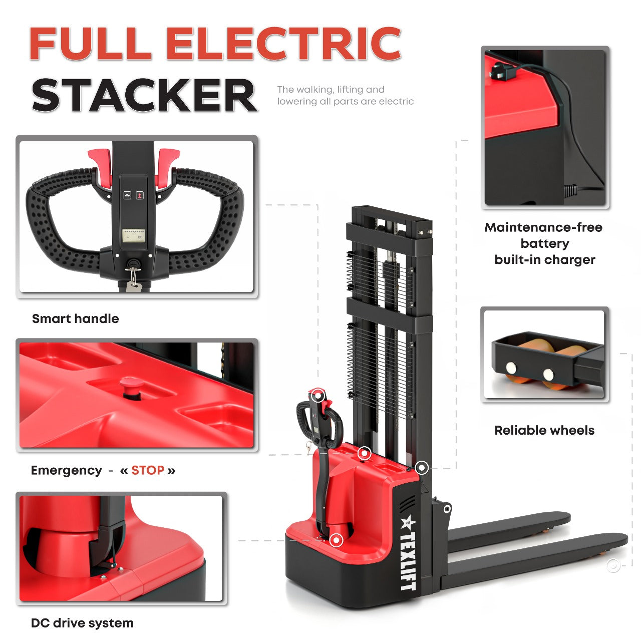 Full Electric Walkie Stacker with Straddle Legs and High Lifting Capacity