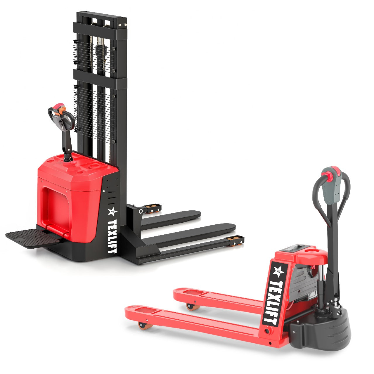 118" Electric Pallet Stacker with Leg Stand (3300Lbs) & Pallet Truck (4400Lbs) - Warehouse Bundle