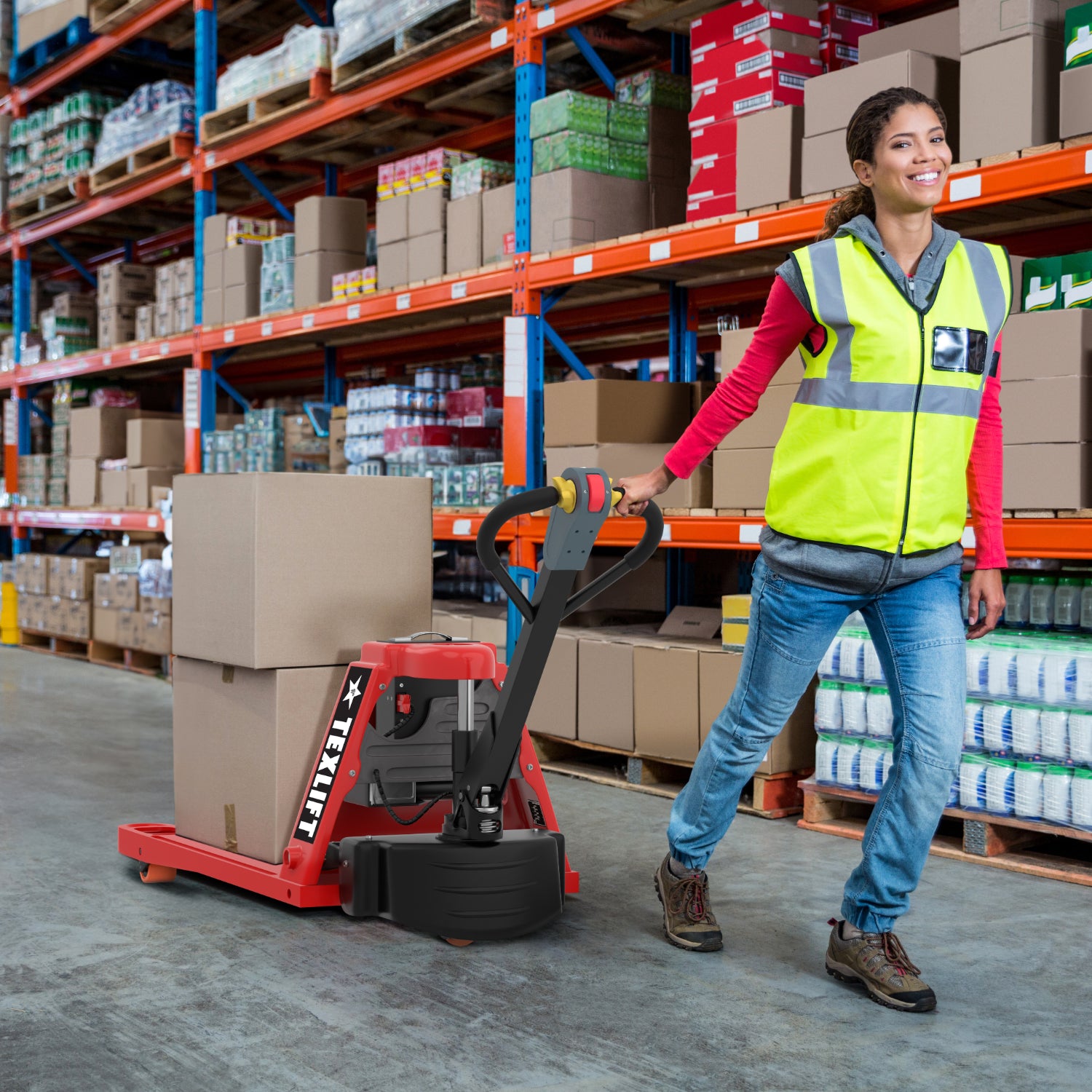 3300Lbs Capacity Electric Pallet Truck with Extra Plug-in 48V/15Ah Lithium Battery – High-Capacity, Long-Lasting Power