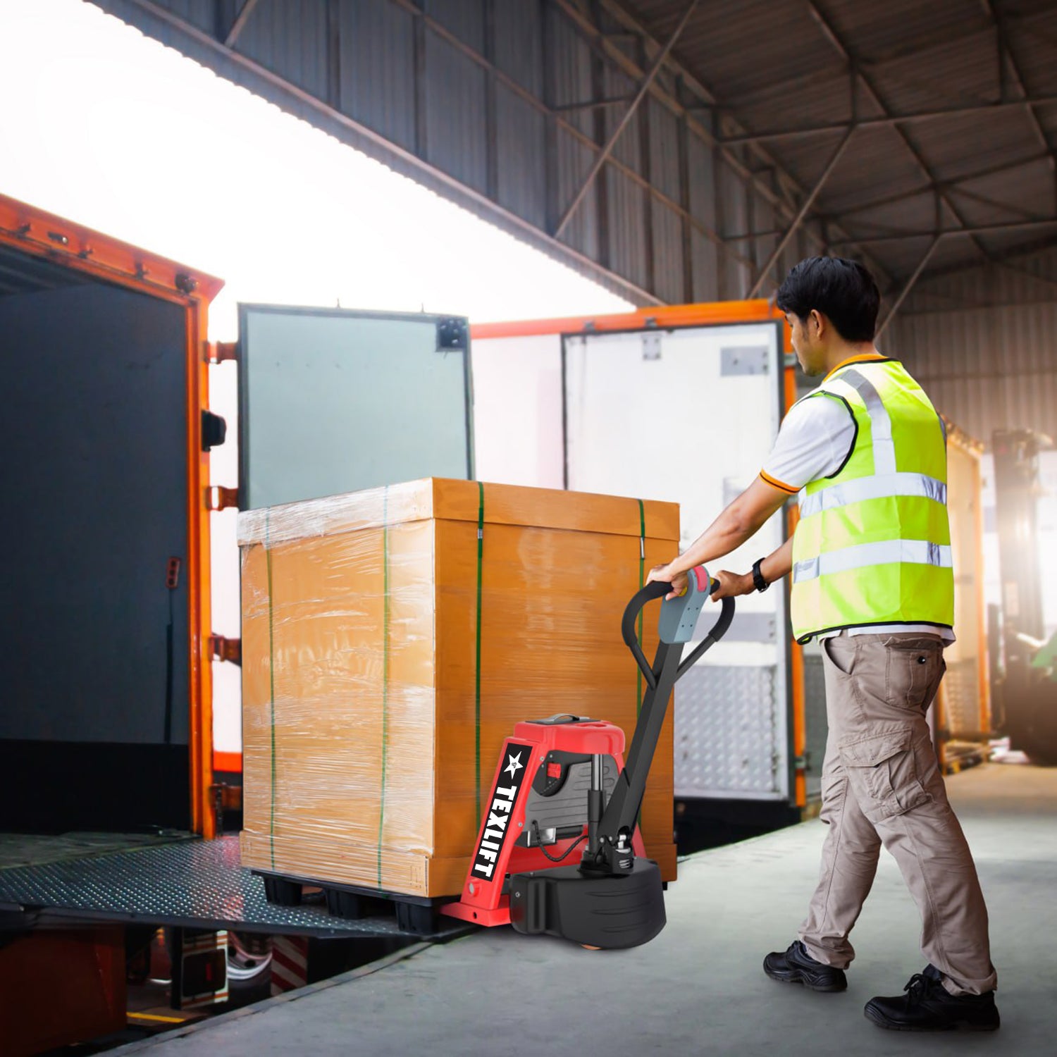 3300Lbs Capacity Electric Pallet Truck with Extra Plug-in 48V/15Ah Lithium Battery – High-Capacity, Long-Lasting Power