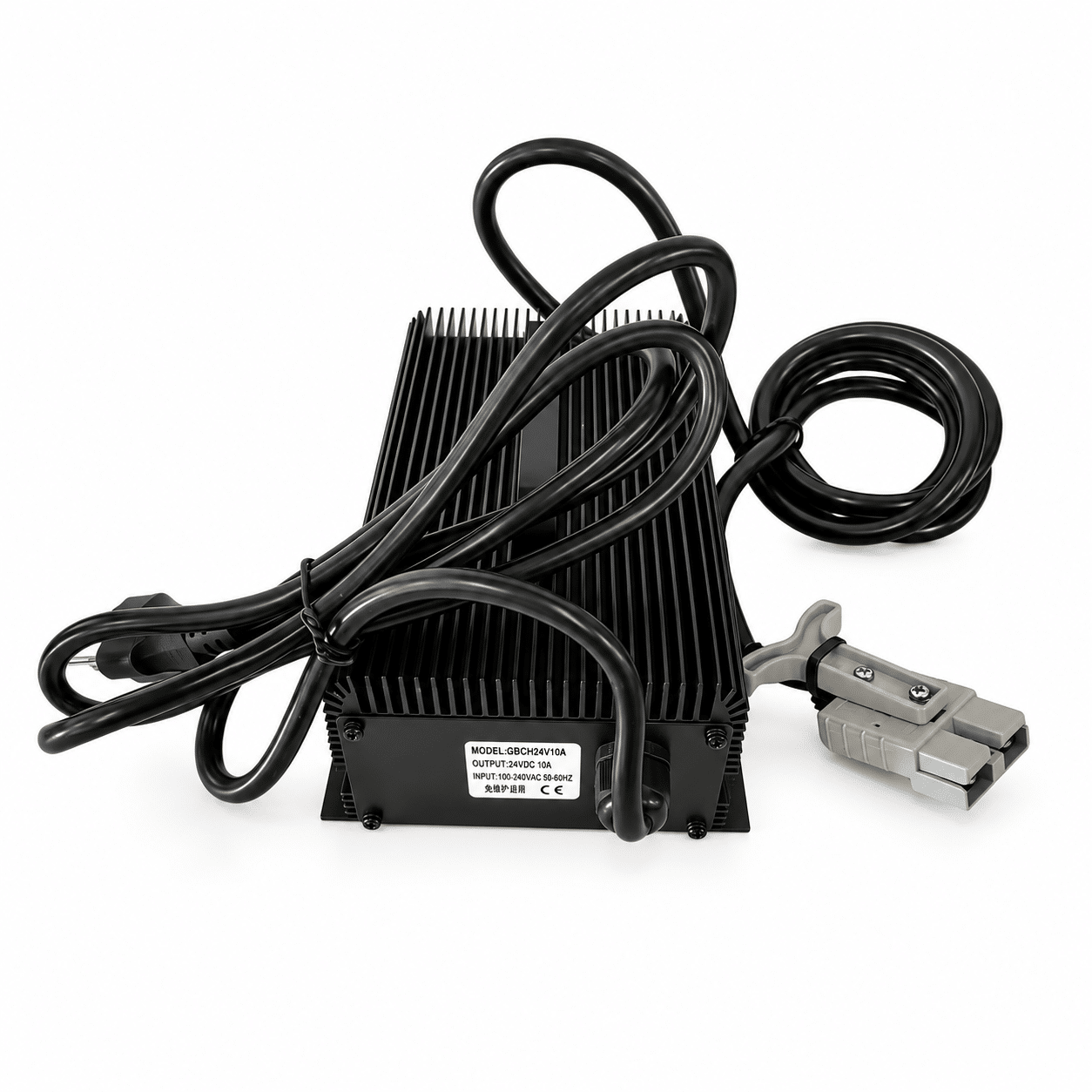 24V 10A Lead Acid Battery Charger GBCH24V10A with aluminum cooling fins, gray Anderson-style connector and U.S. 3-prong power cord for Texlift US-ESBA33K electric stackers