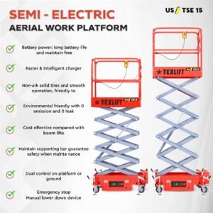 Semi-Electric Scissor Lift – 15ft (180 inch) Height, 440 LBS Capacity | US-TSE15 - TEXLIFT