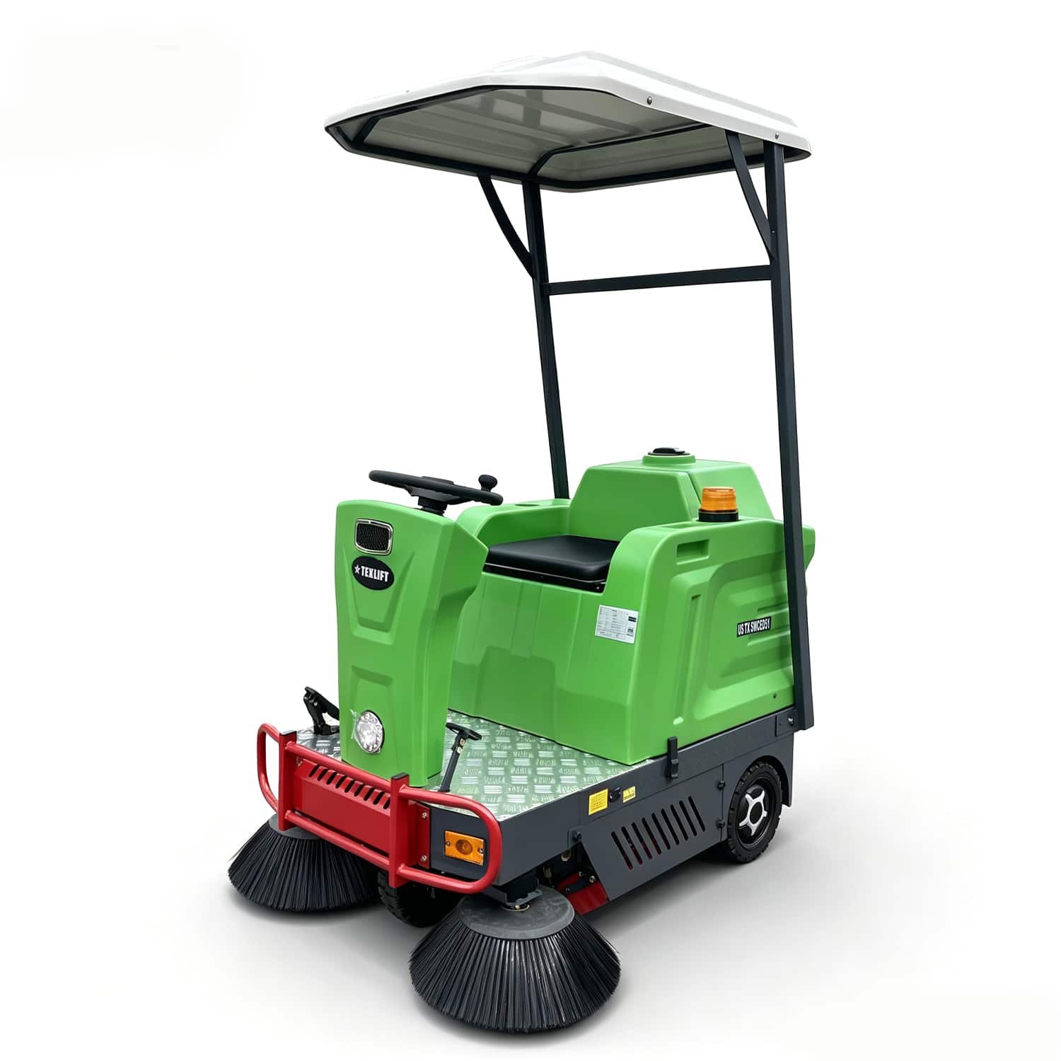Green ride-on electric floor sweeper with canopy