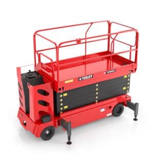 US-TSE36DEBOFR 36 ft electric self-propelled scissor lift with 1,100 lb platform capacity, 43 ft working height, spacious work platform, safety guardrails and four stabilizing outriggers