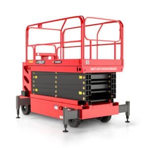 36 ft Electric Self-Propelled Scissor Lift US-TSE36DEBOFR with 43 ft working height, 1,100 lb capacity, electric hydraulic lifting, safety guardrails and four stabilizing outriggers