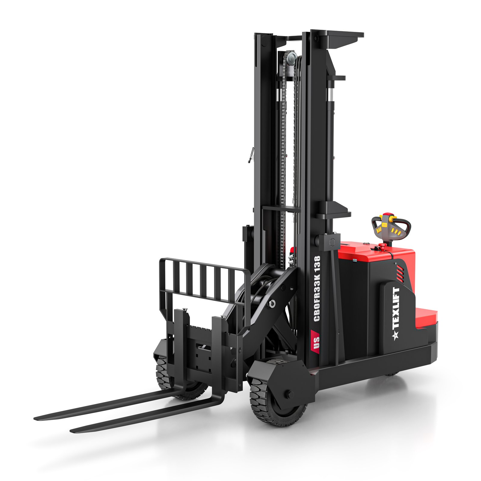 US-CBOFR33K 138 rough terrain electric counterbalance reach stacker, 3,300 lb capacity, 138 in lift height, 18 in hydraulic reach